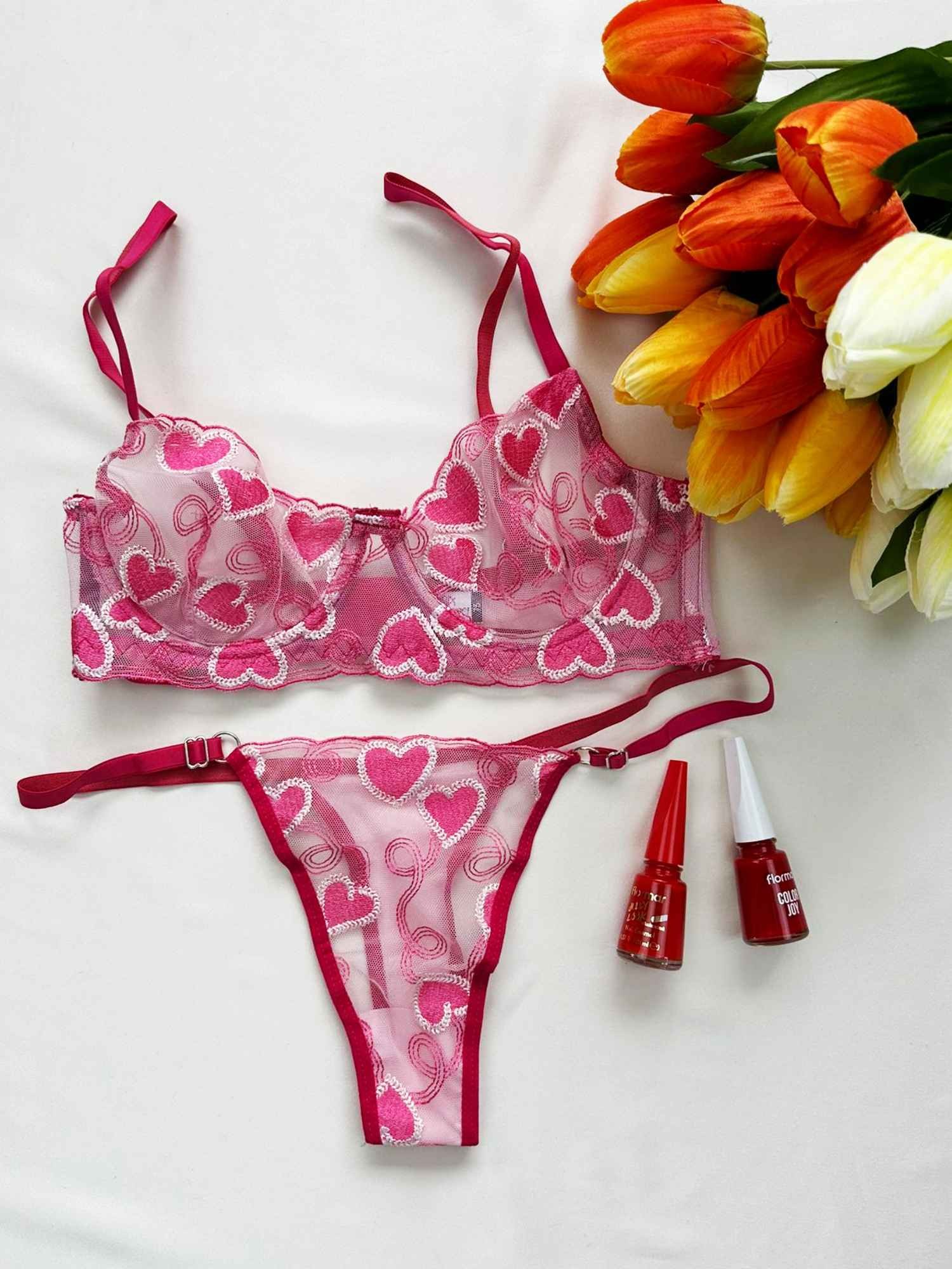 PEMBE KALPLİ BRA SET