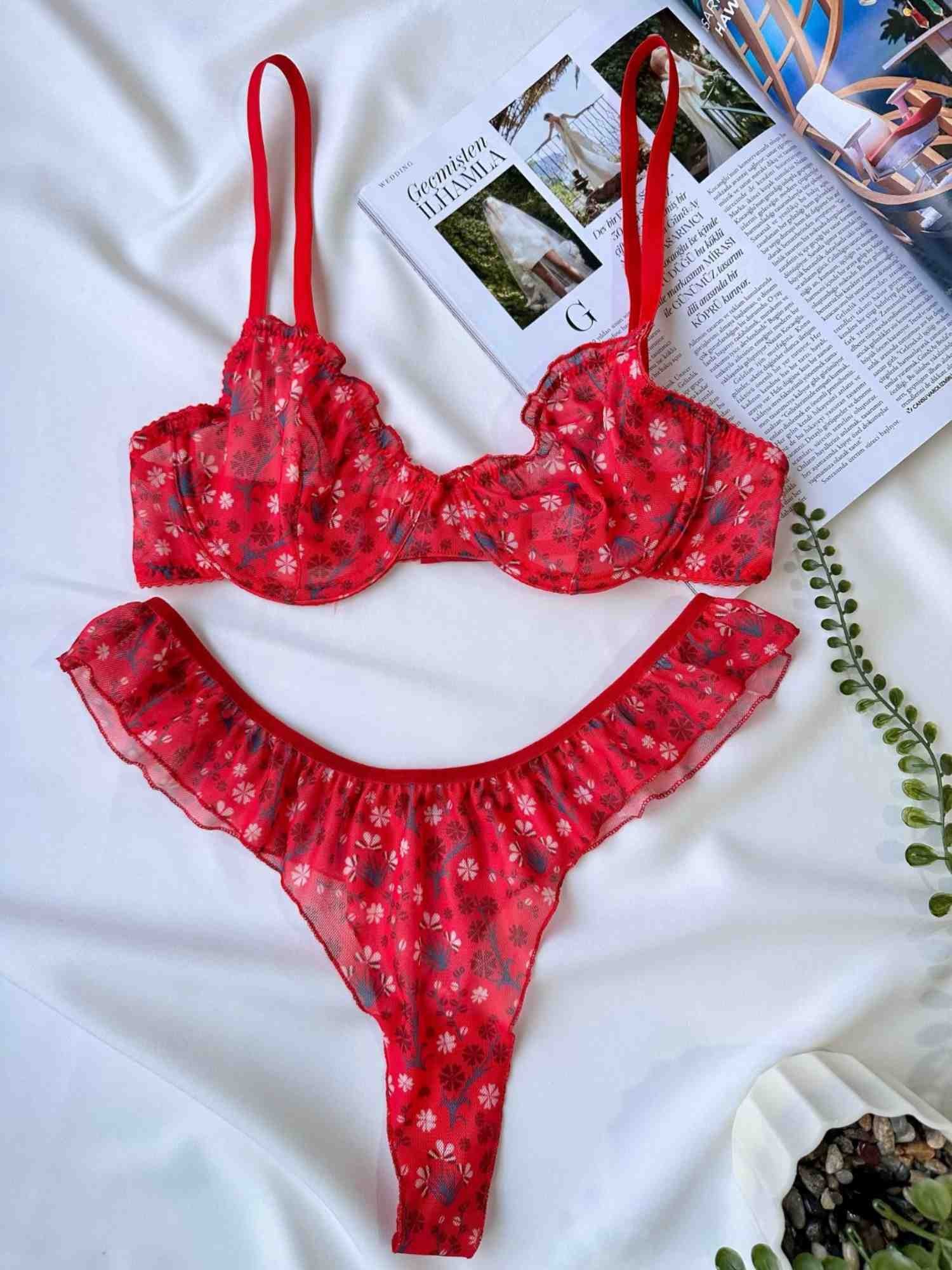 KIRMIZI TÜL ÇİÇEK DESEN BRA SET