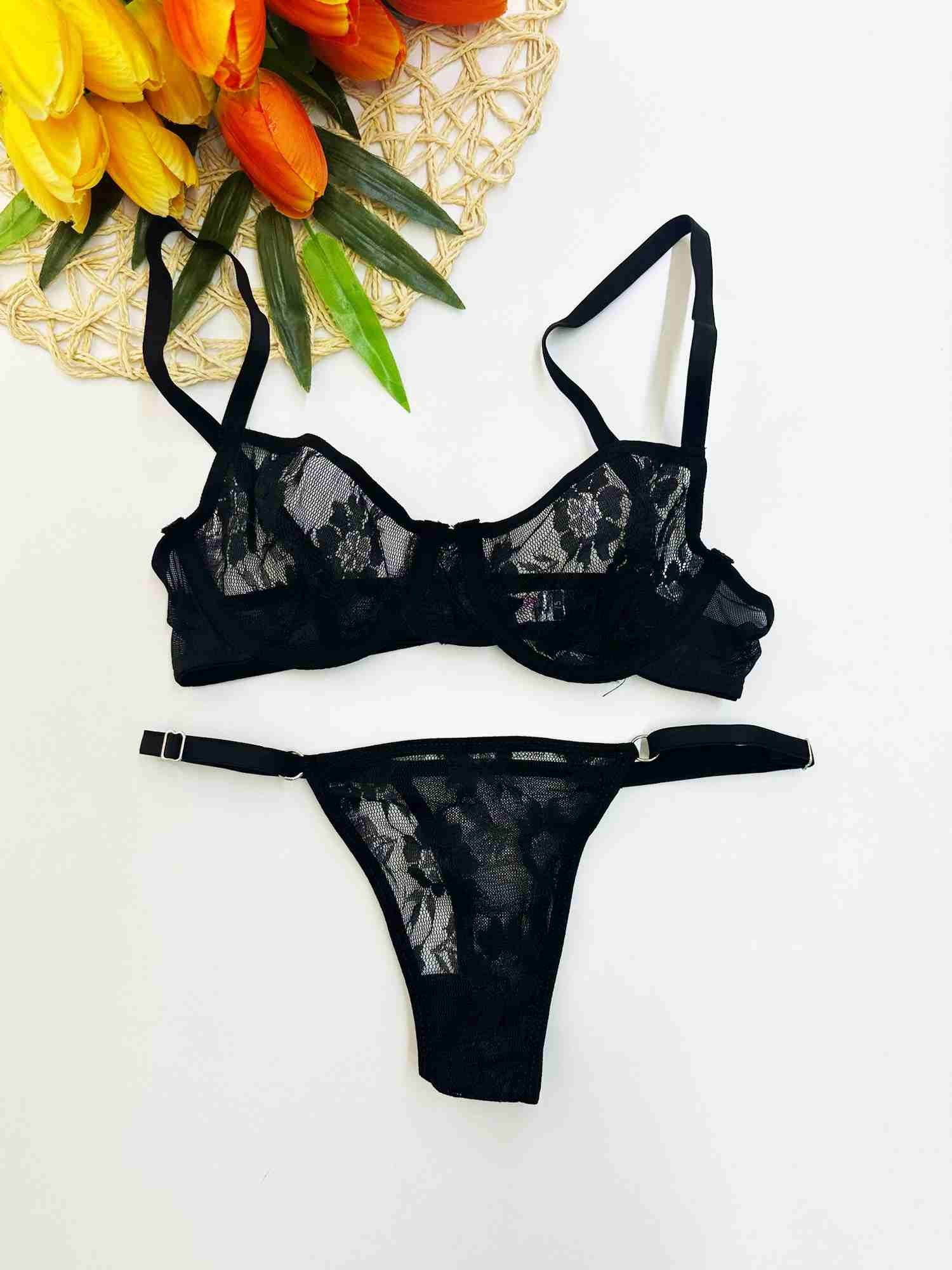 SİYAH ÇİÇEKLİ TÜL BRA SET