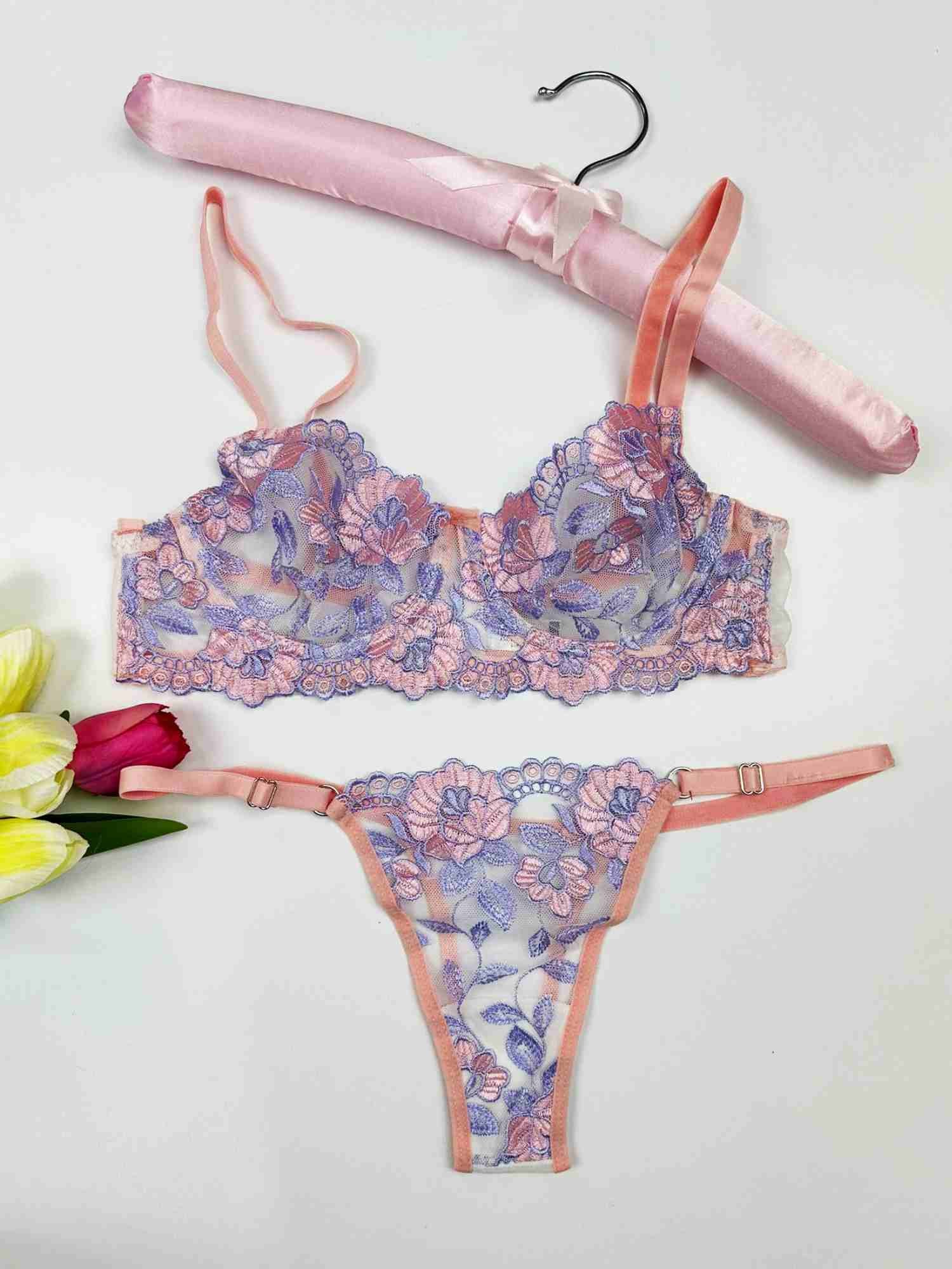 PUDRA LİLA ÇİÇEK BRA SET