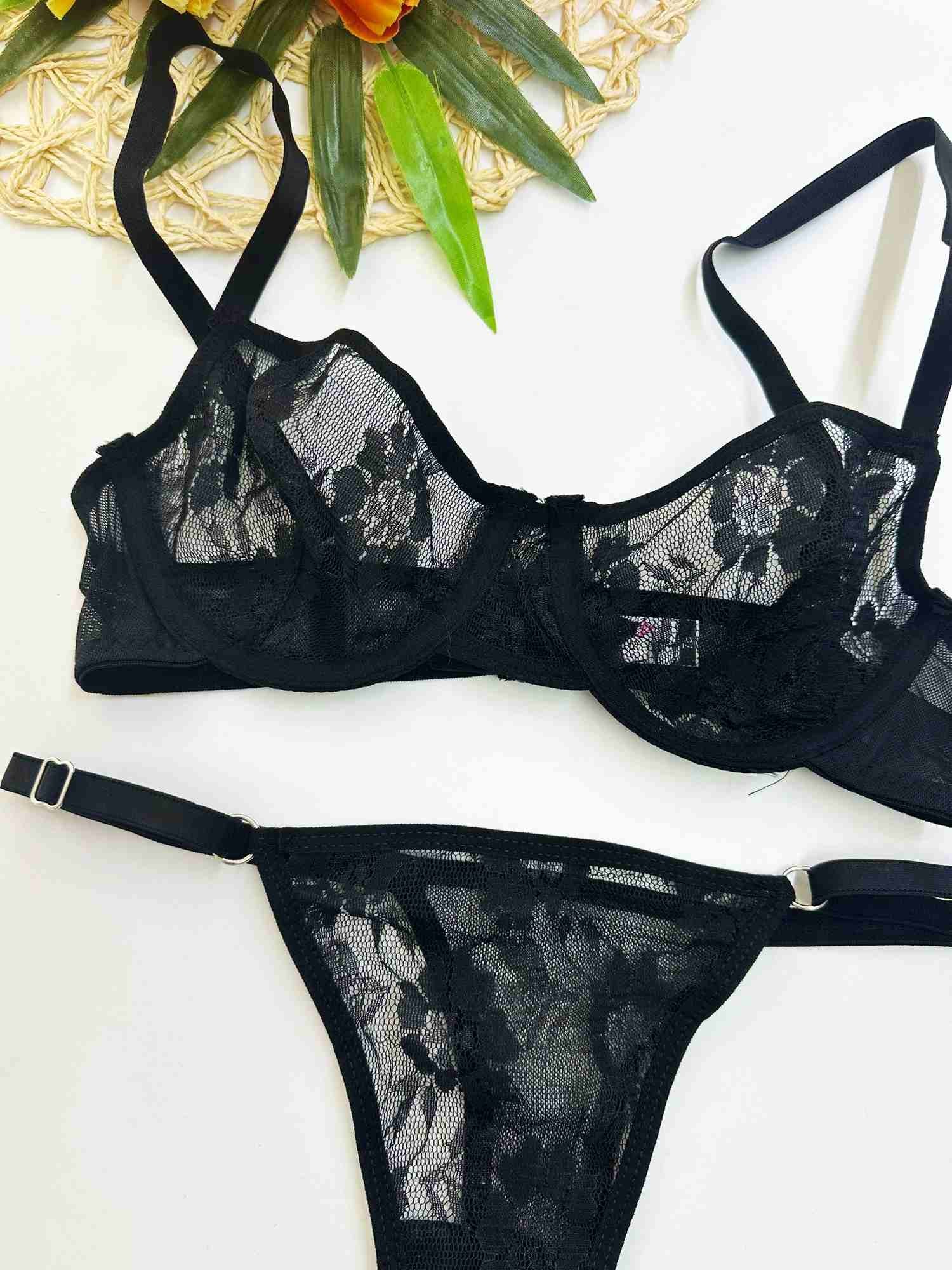 SİYAH ÇİÇEKLİ TÜL BRA SET