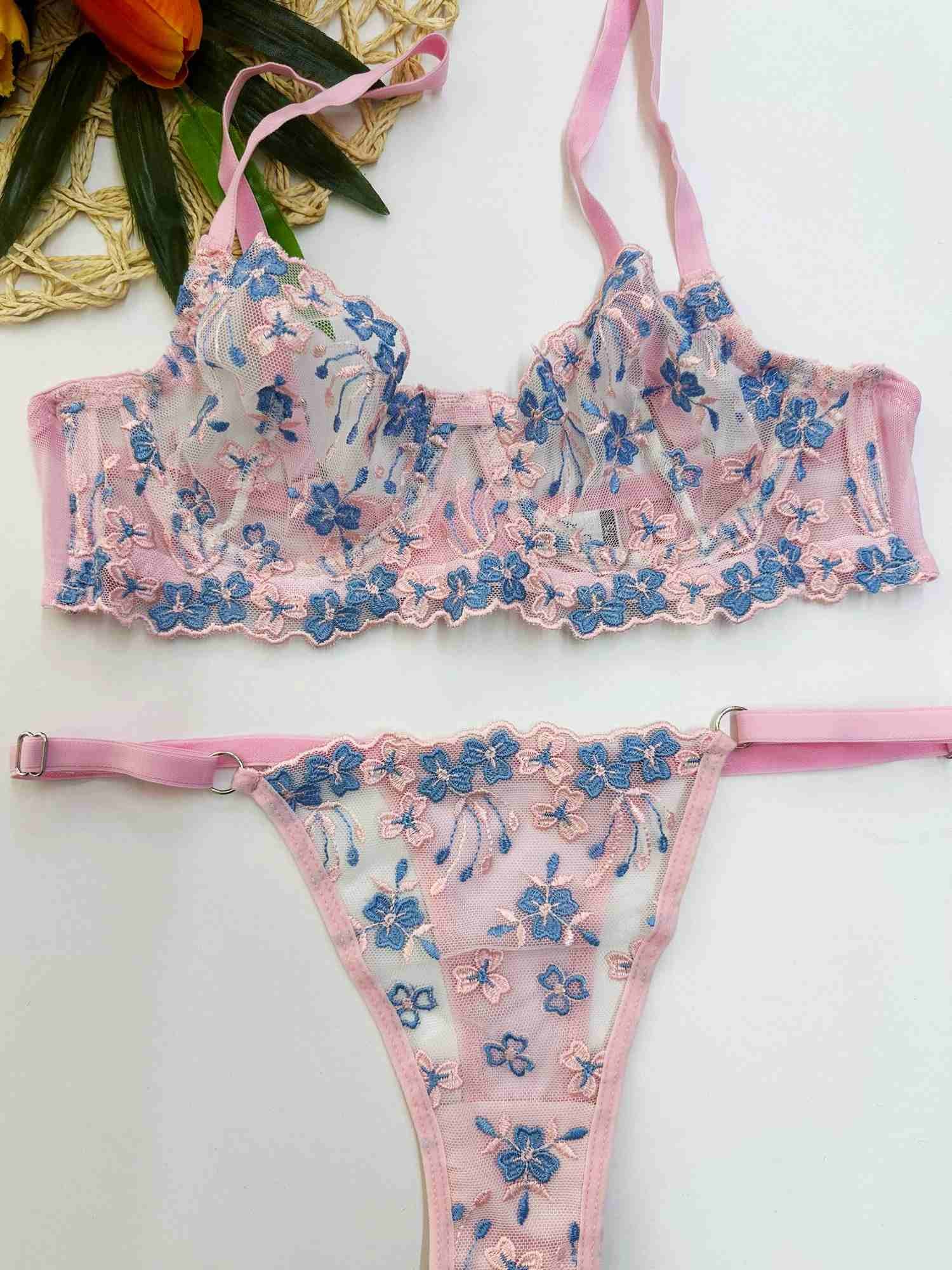 PEMBE MAVİ ÇITIR ÇİÇEK BRA SET