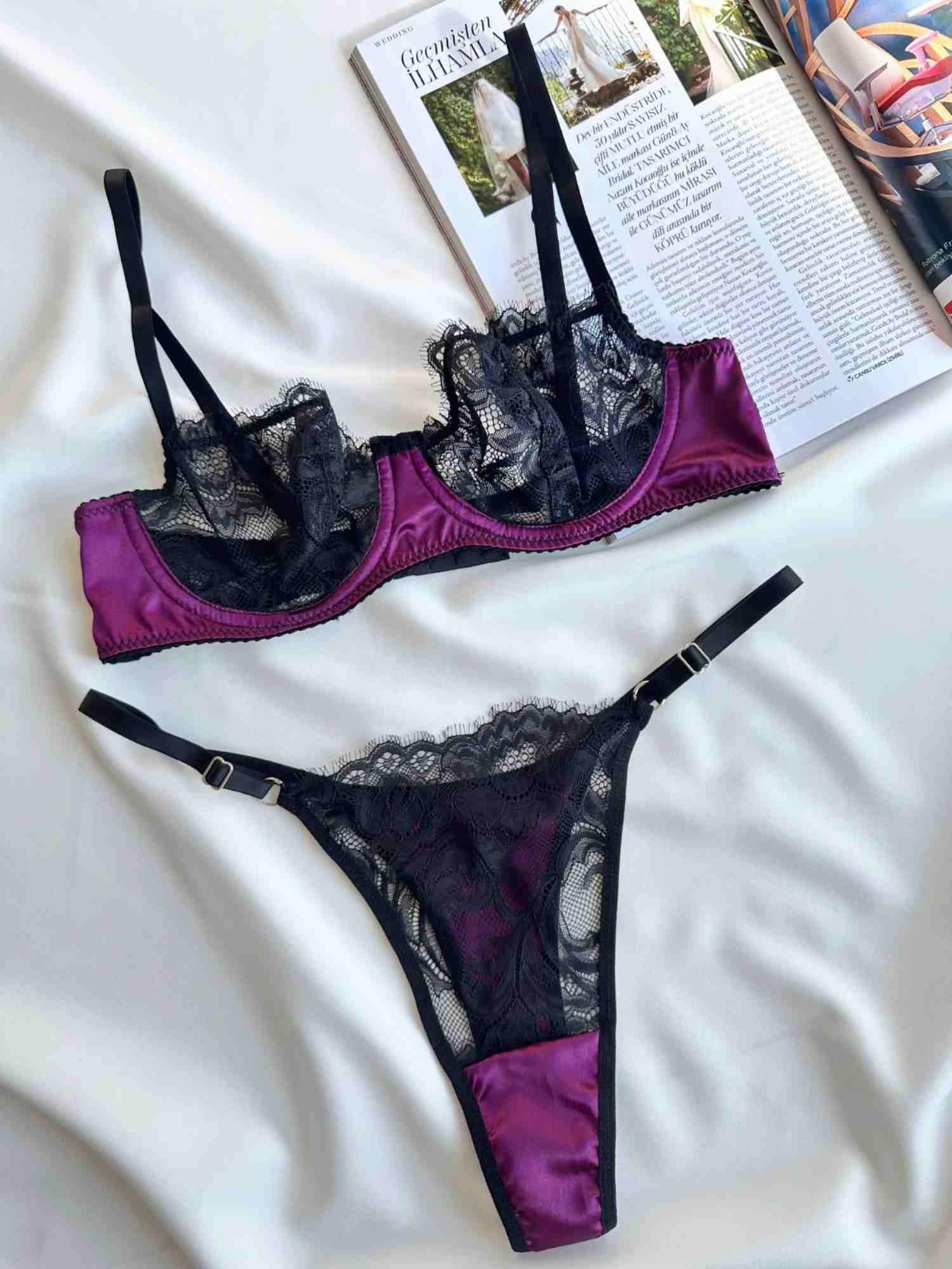 MÜRDÜM RENK DERİ DETAYLI SİYAH DANTELLİ BRA SET