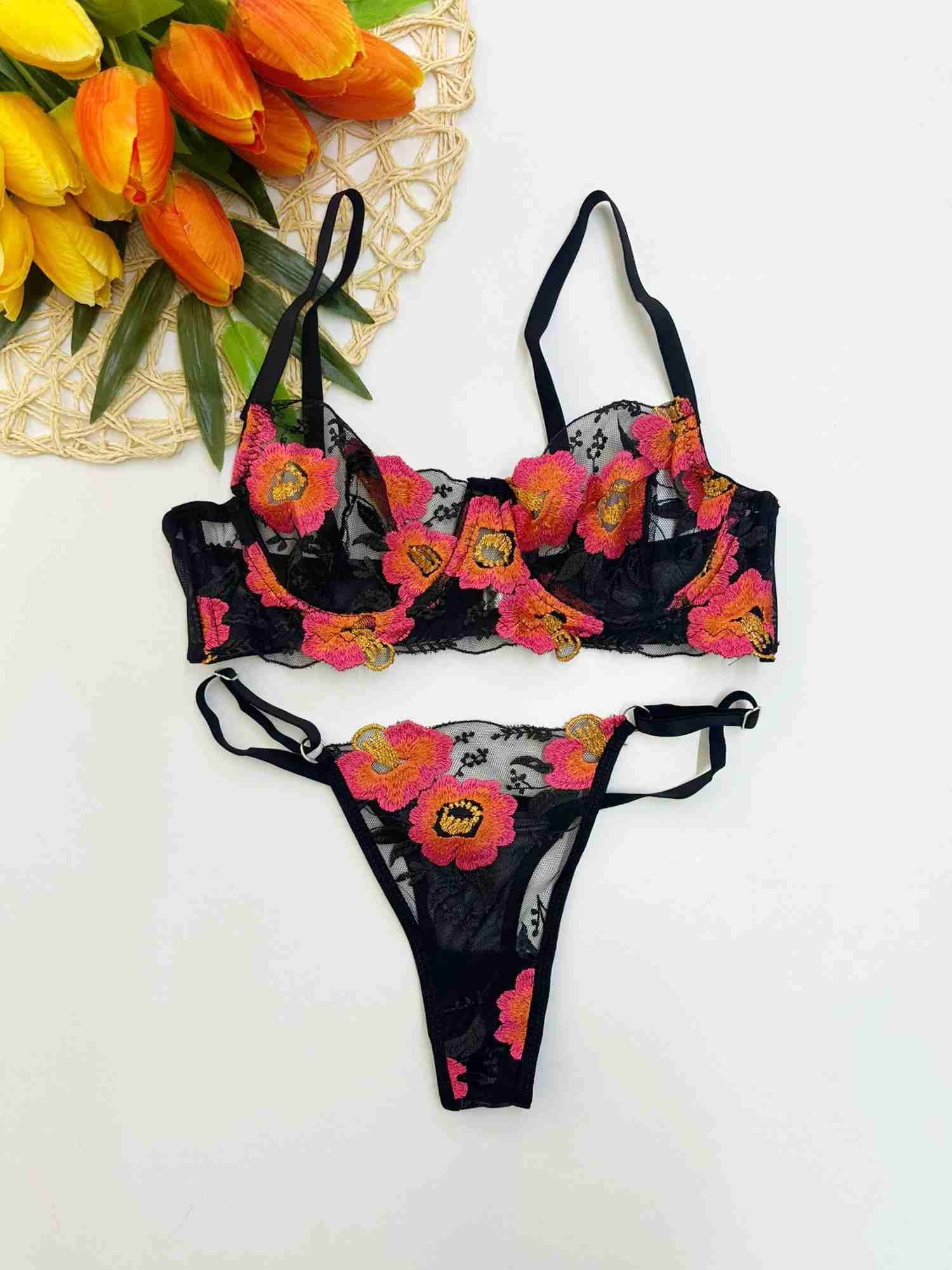 SİYAH PEMBE GELİNCİK BRA SET