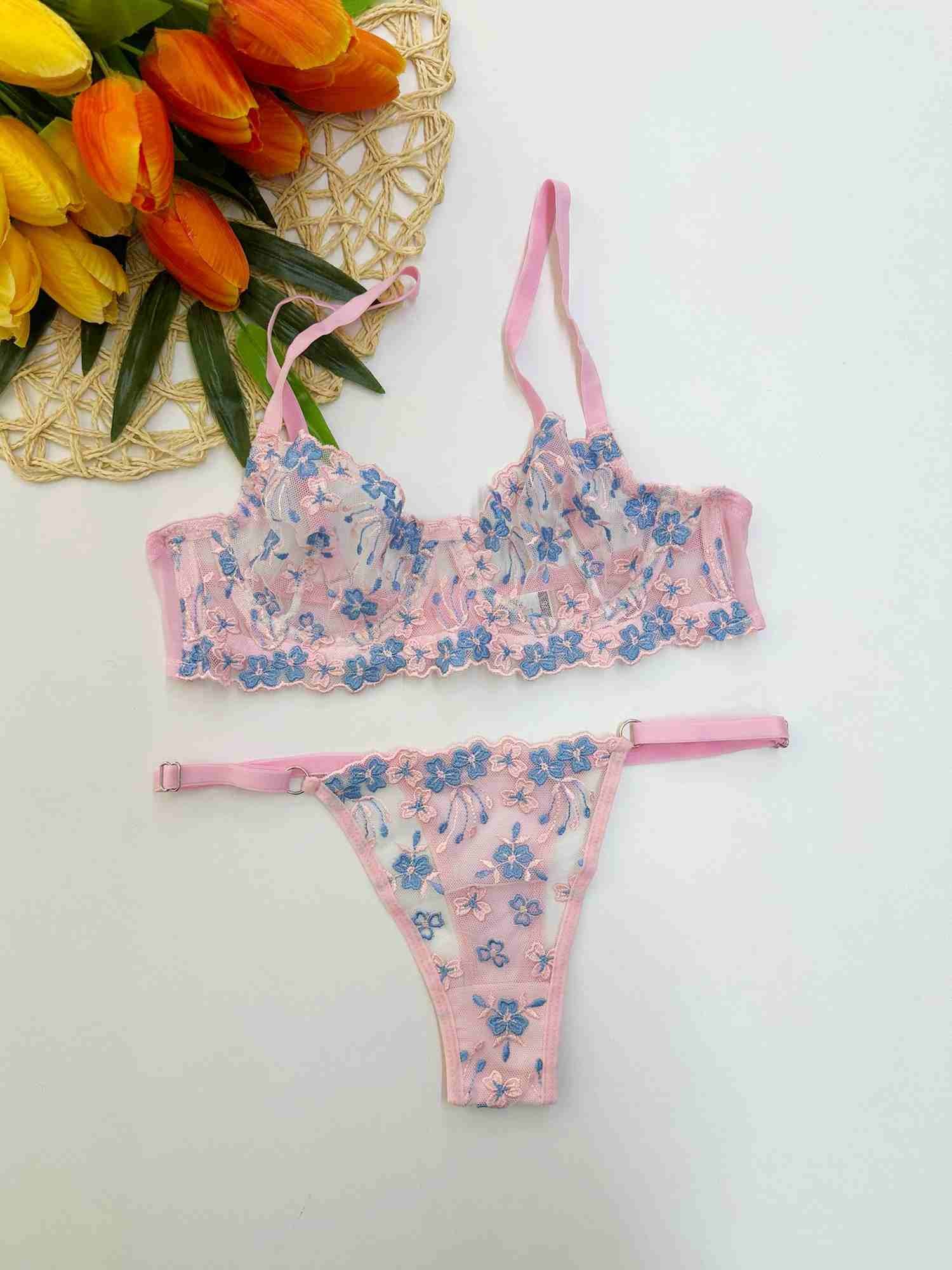 PEMBE MAVİ ÇITIR ÇİÇEK BRA SET