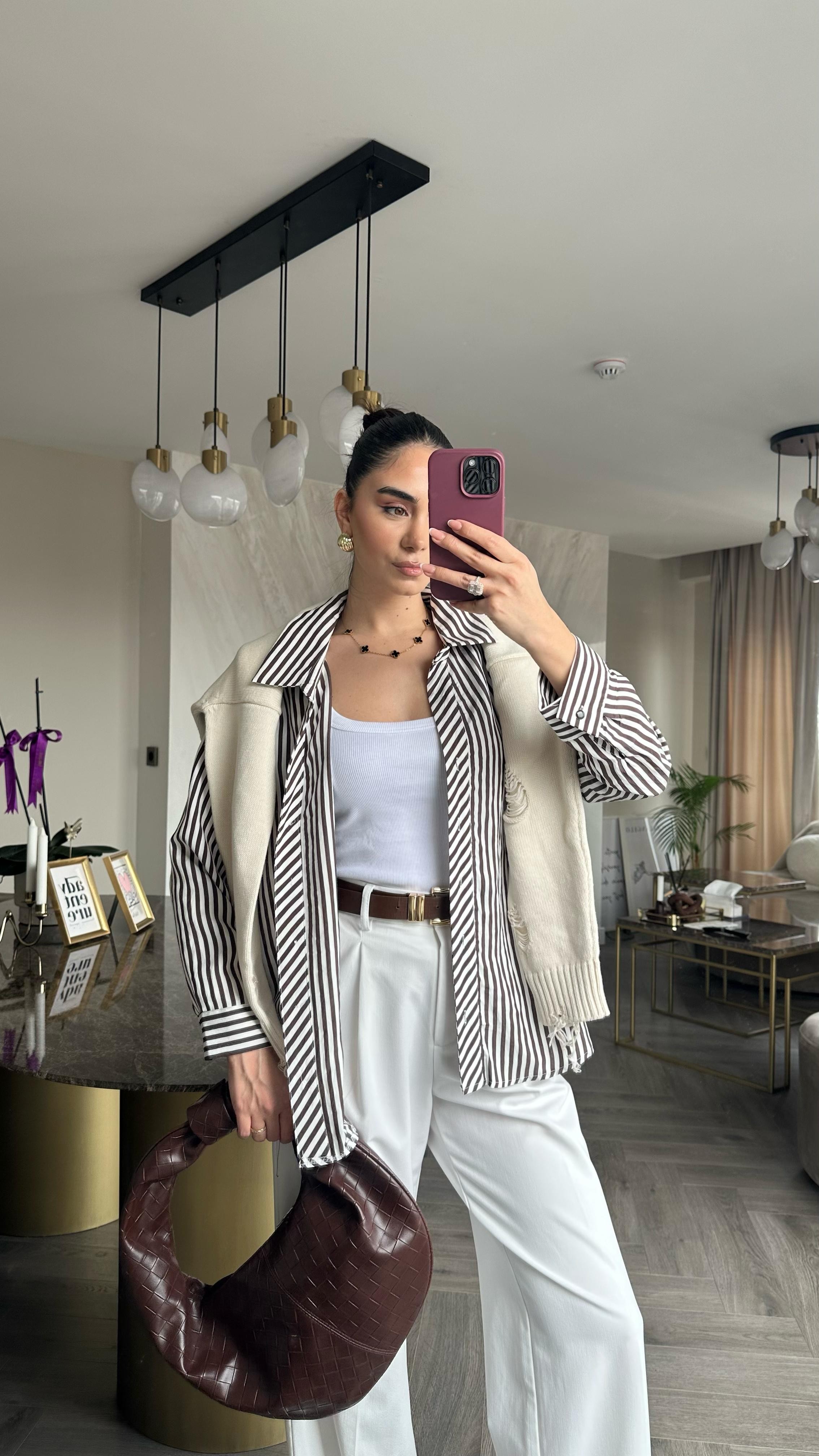 Çizgili Oversize Gömlek Kahve 