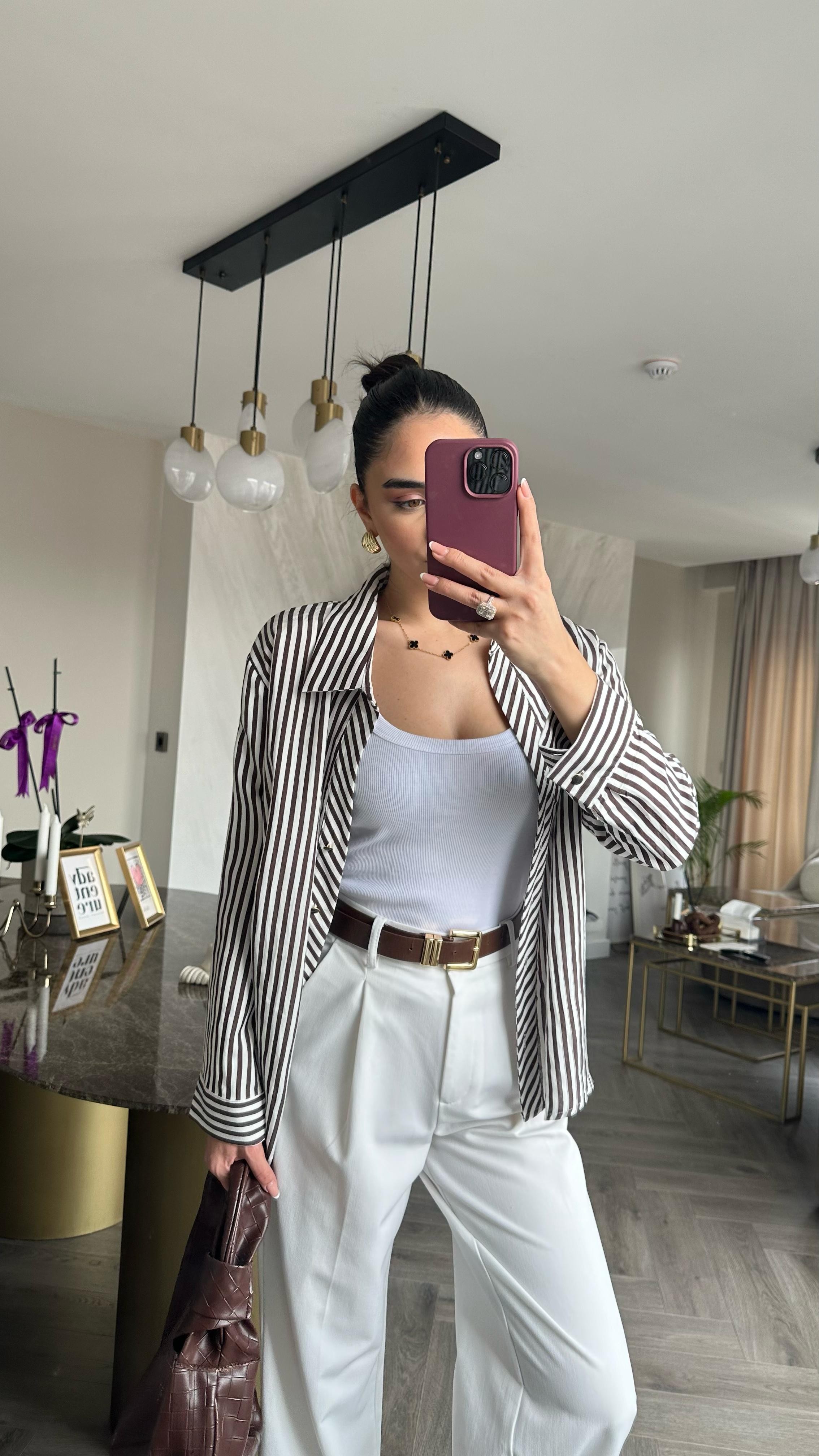 Çizgili Oversize Gömlek Kahve 