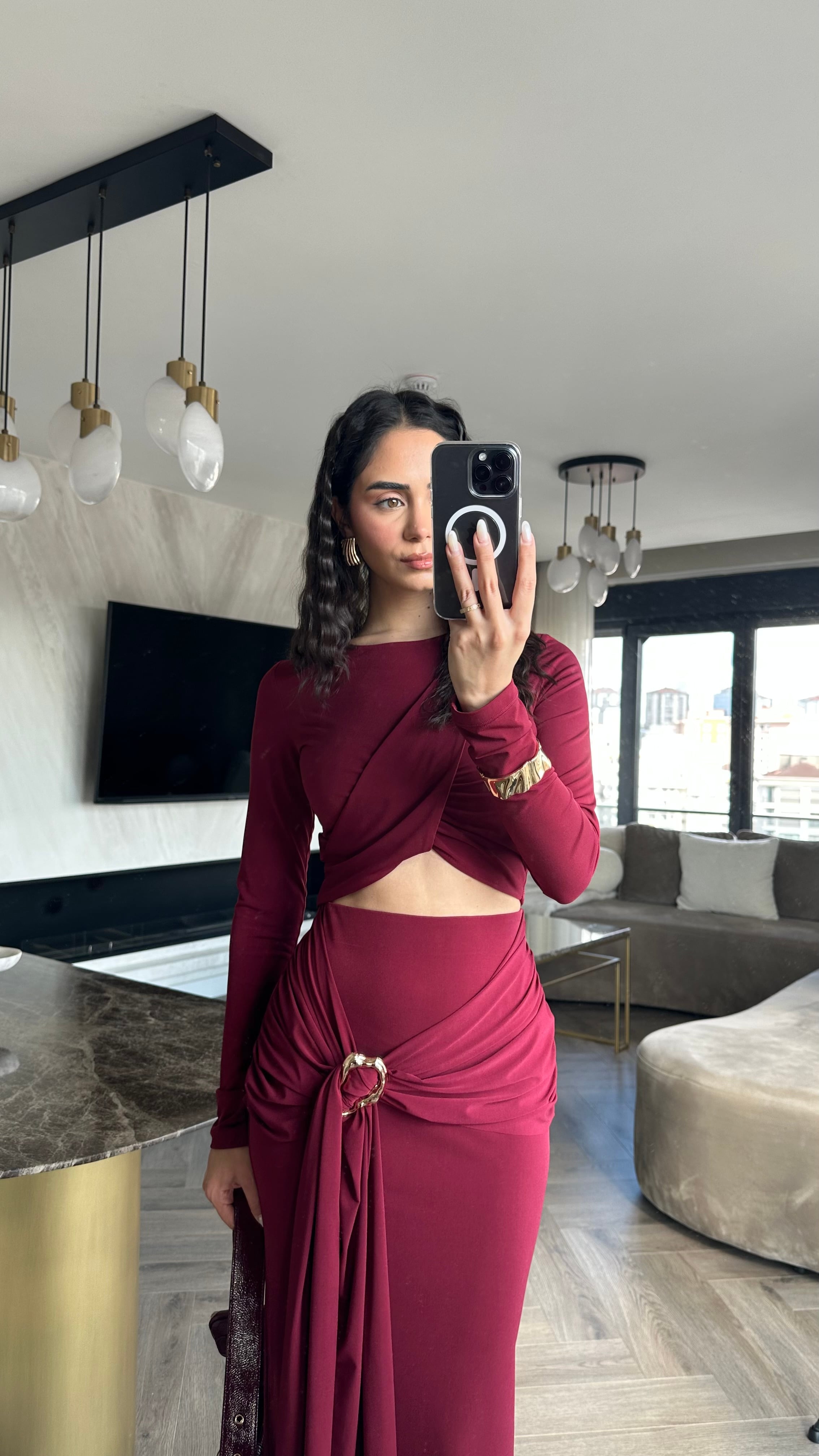 Crop Bluz Tokalı Etekli Takım Bordo