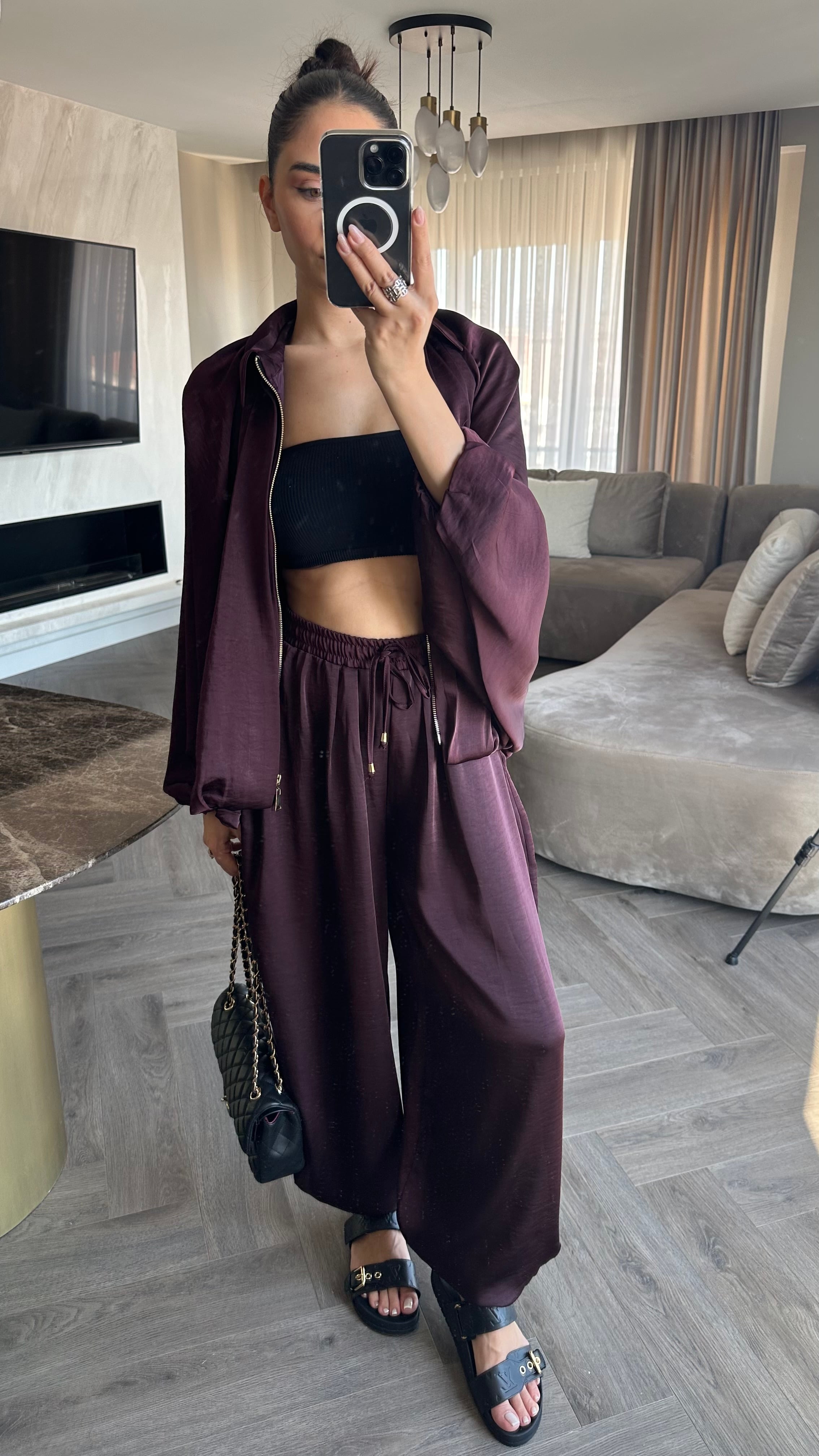 Saten Bomber Ceket Salvar Takım Bordo