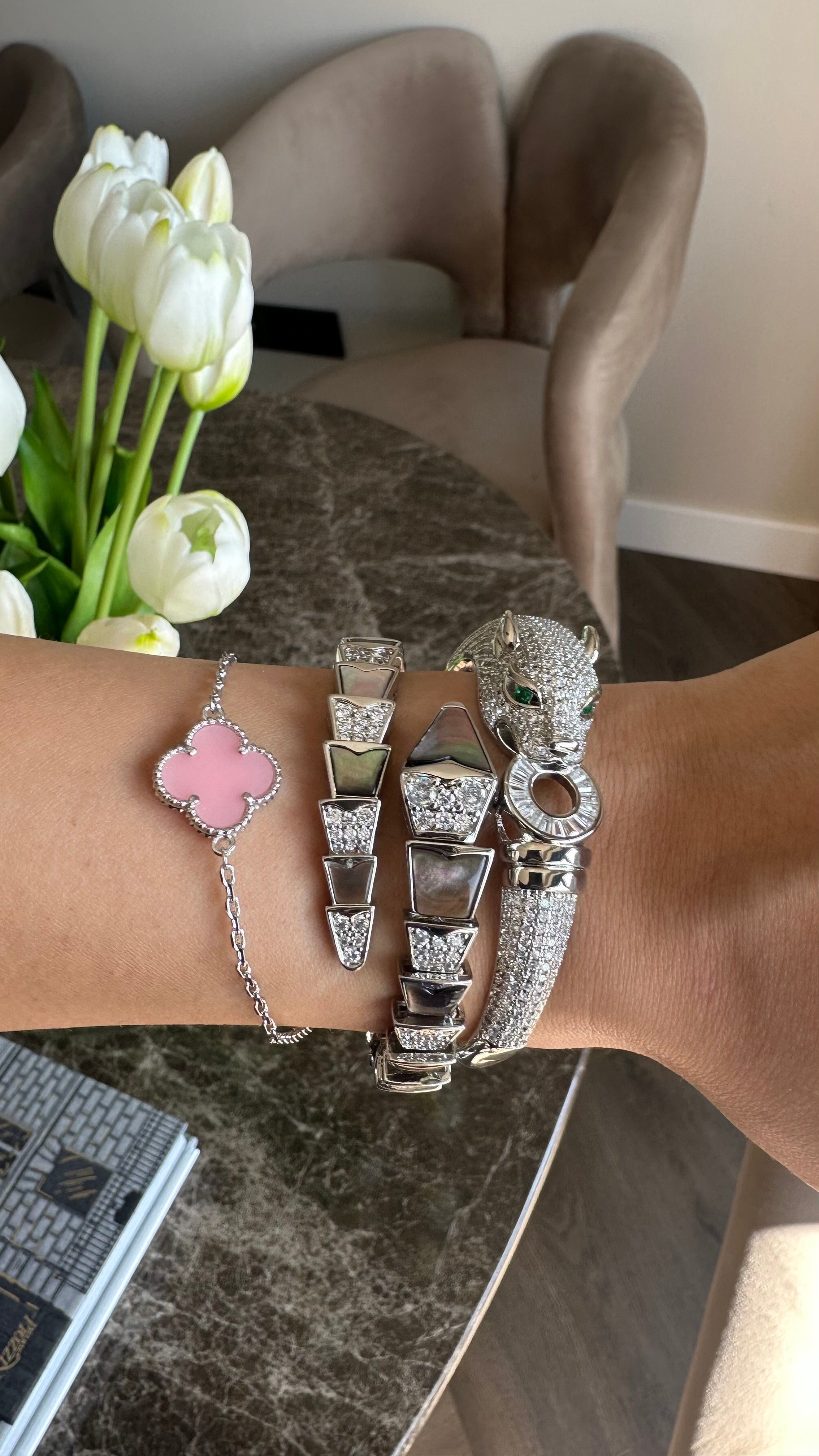 Bulgari Serpenti Taşlı Bileklik Gümüş 