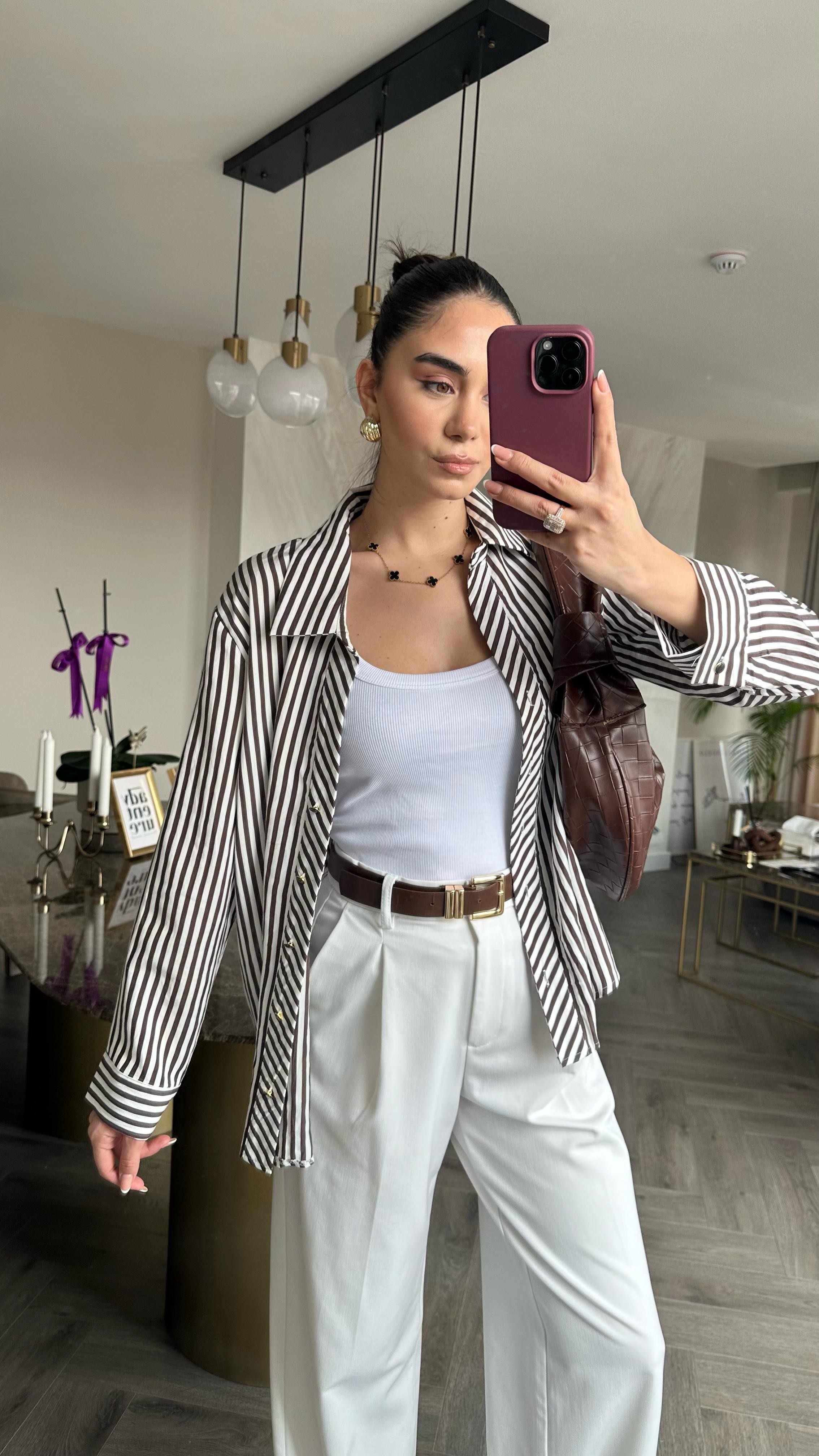 Çizgili Oversize Gömlek Kahve 