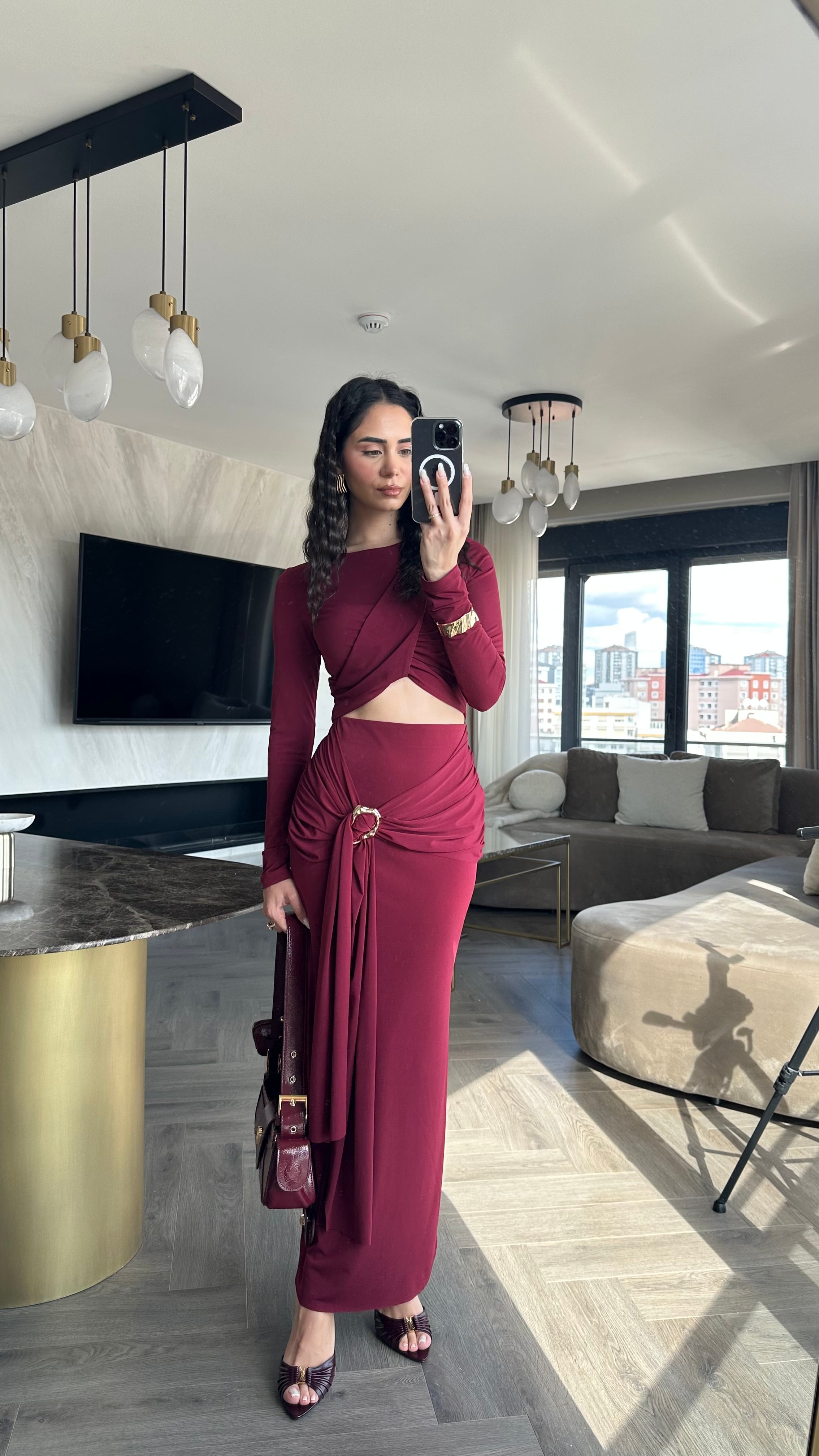 Crop Bluz Tokalı Etekli Takım Bordo