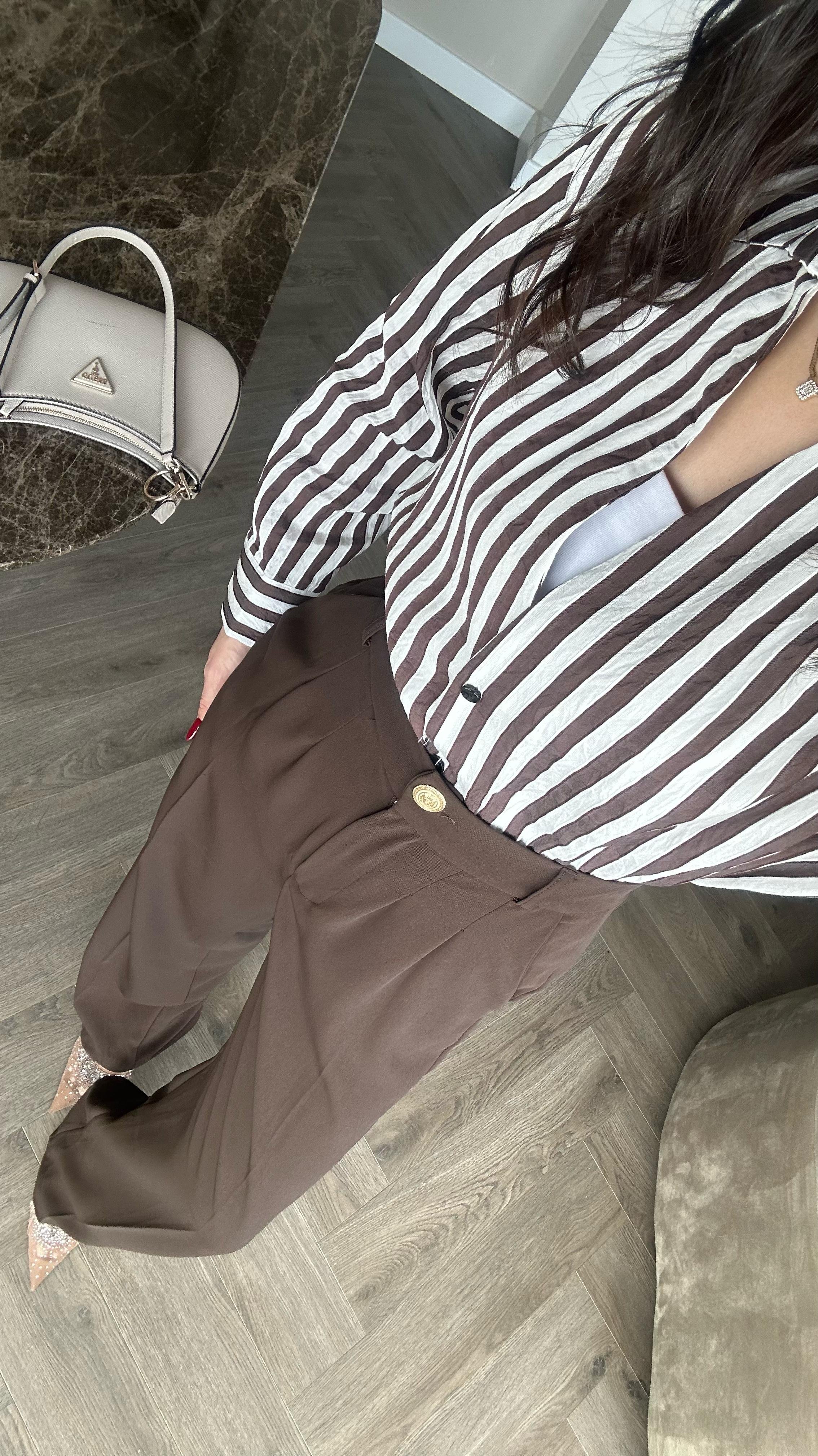 Çizgili Oversize Gömlek Kahve