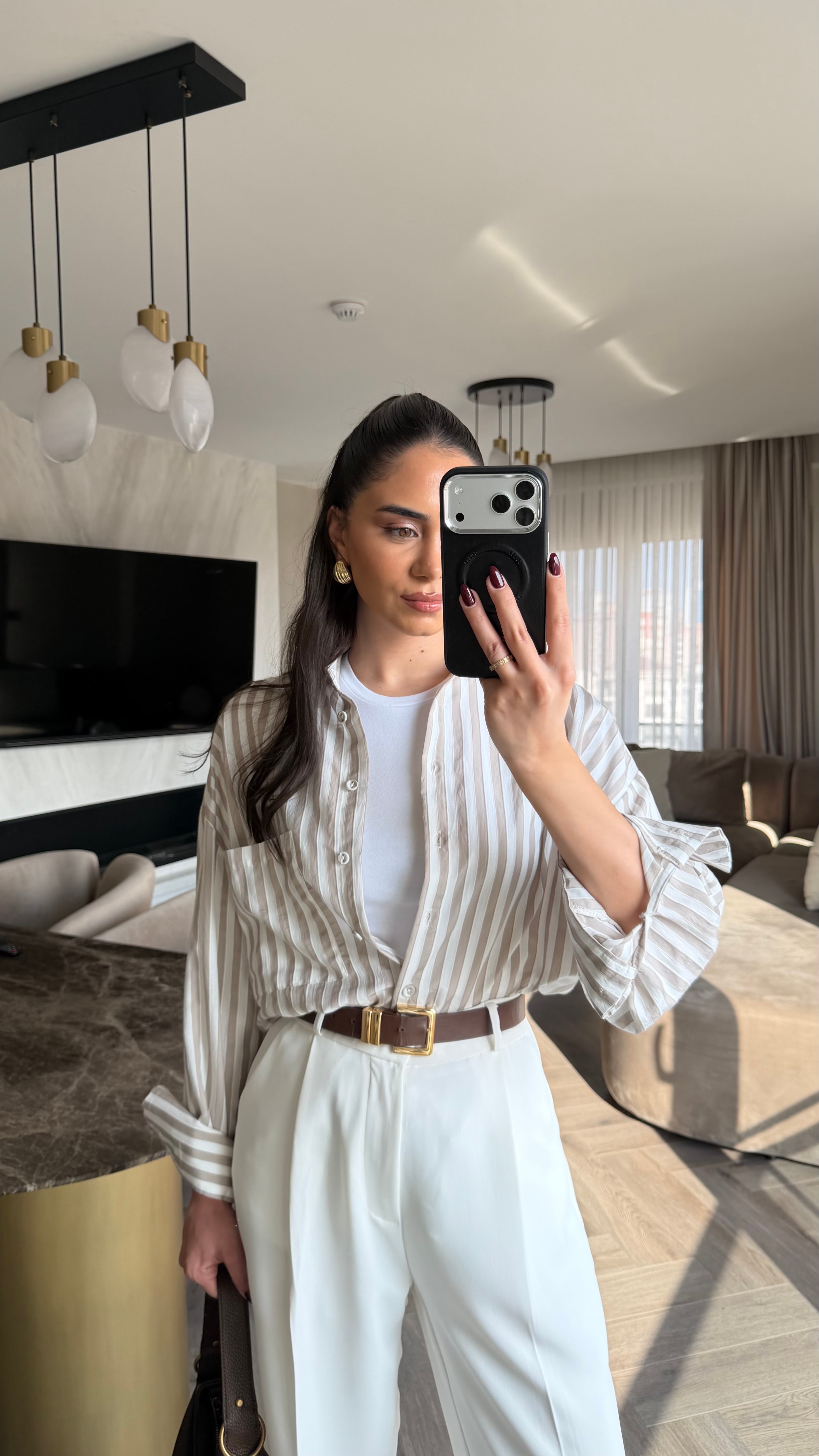 Çizgili Oversize Gömlek  - Taş
