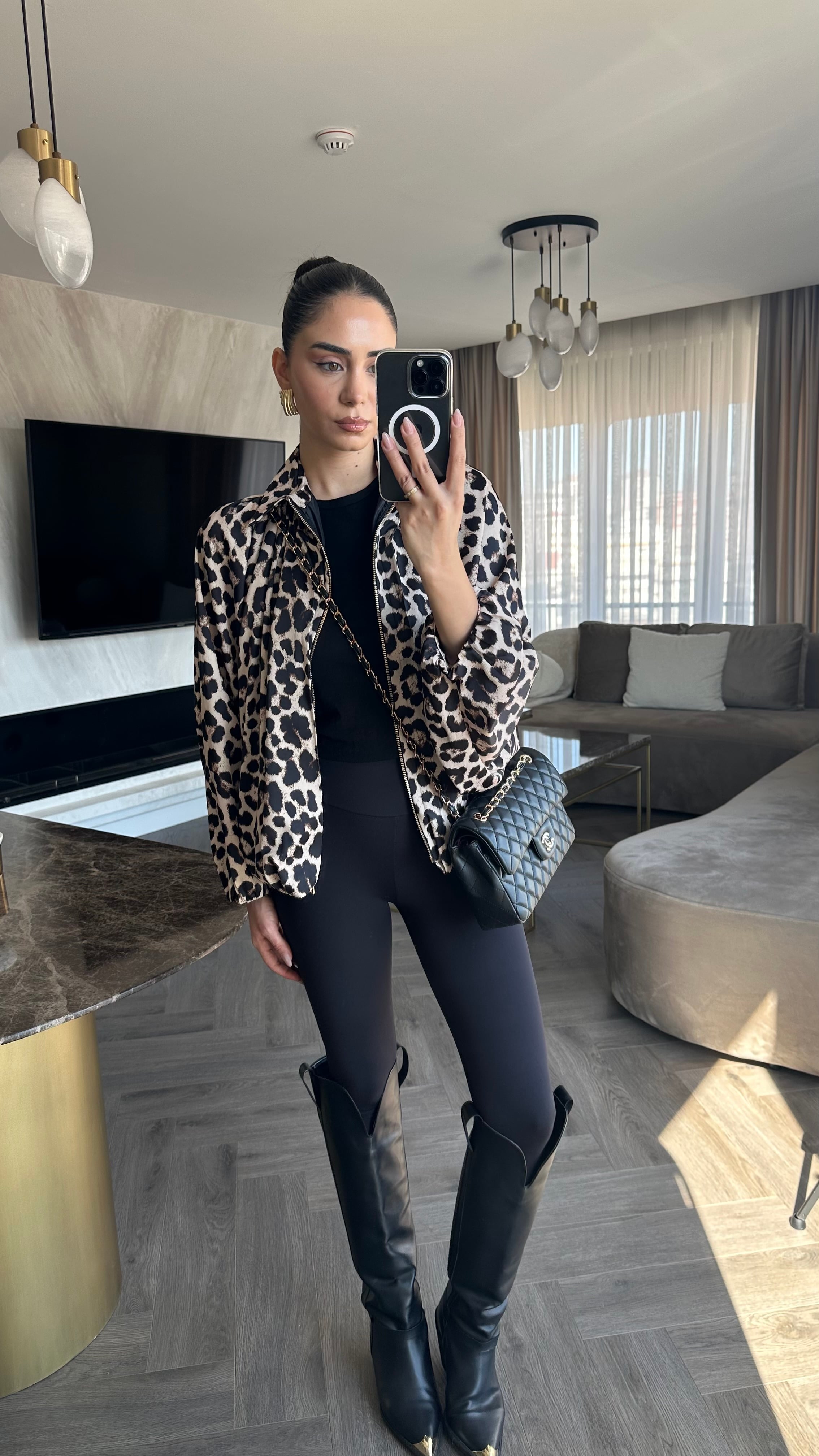 Saten Bomber Ceket Leopar