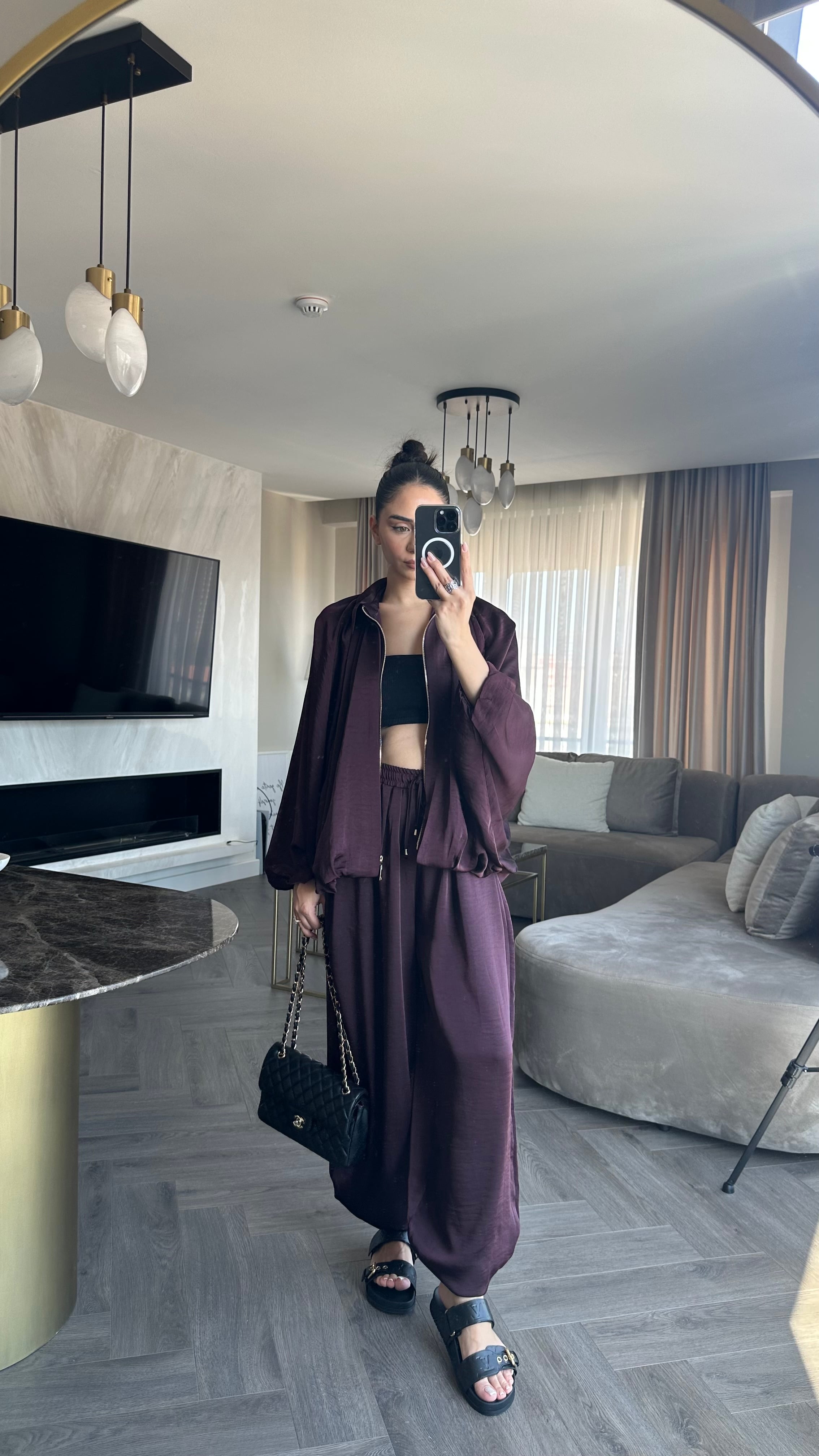 Saten Bomber Ceket Salvar Takım Bordo