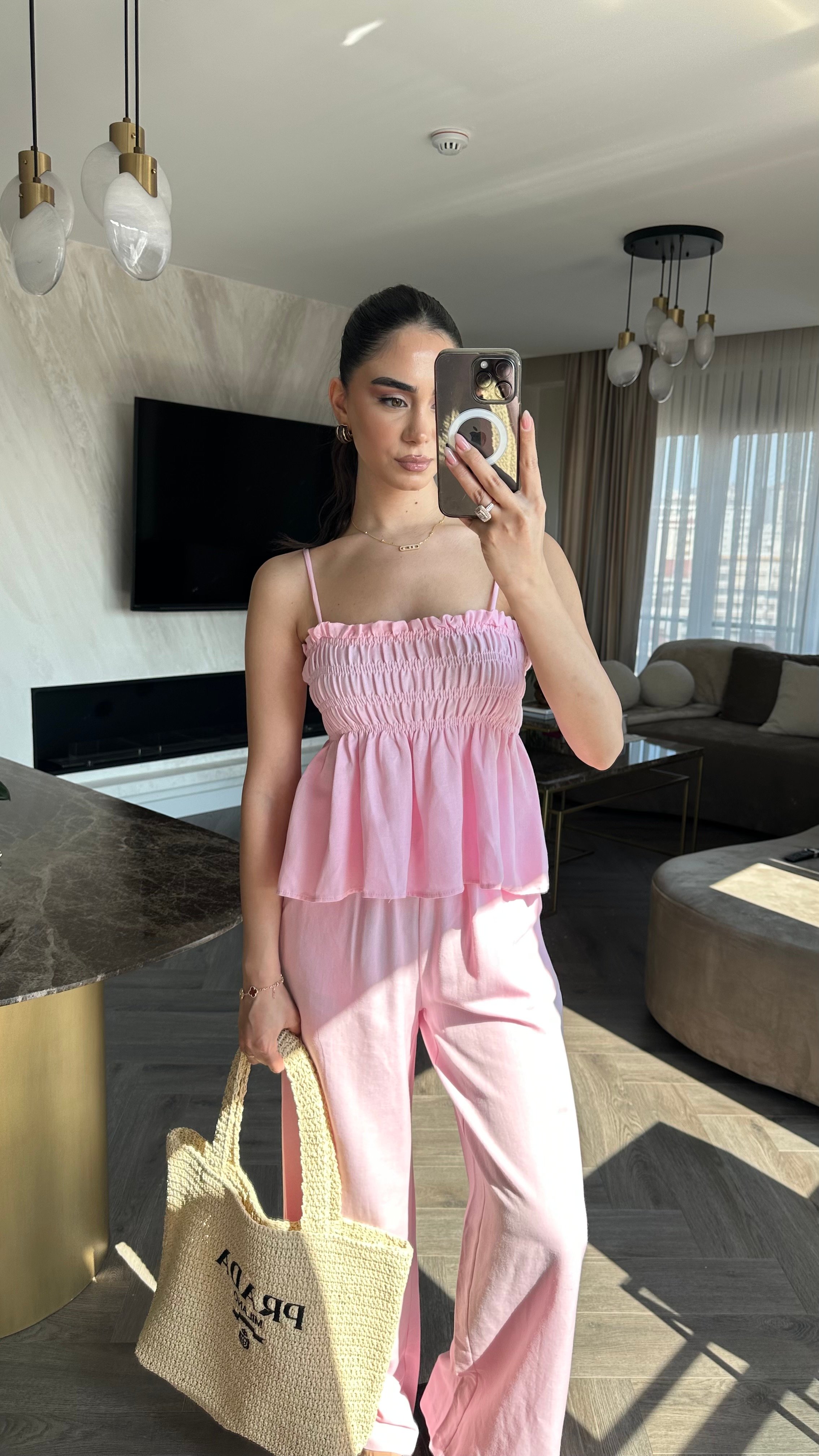 Keten Kumaş Büzgülü İp Askılı Takım Pembe