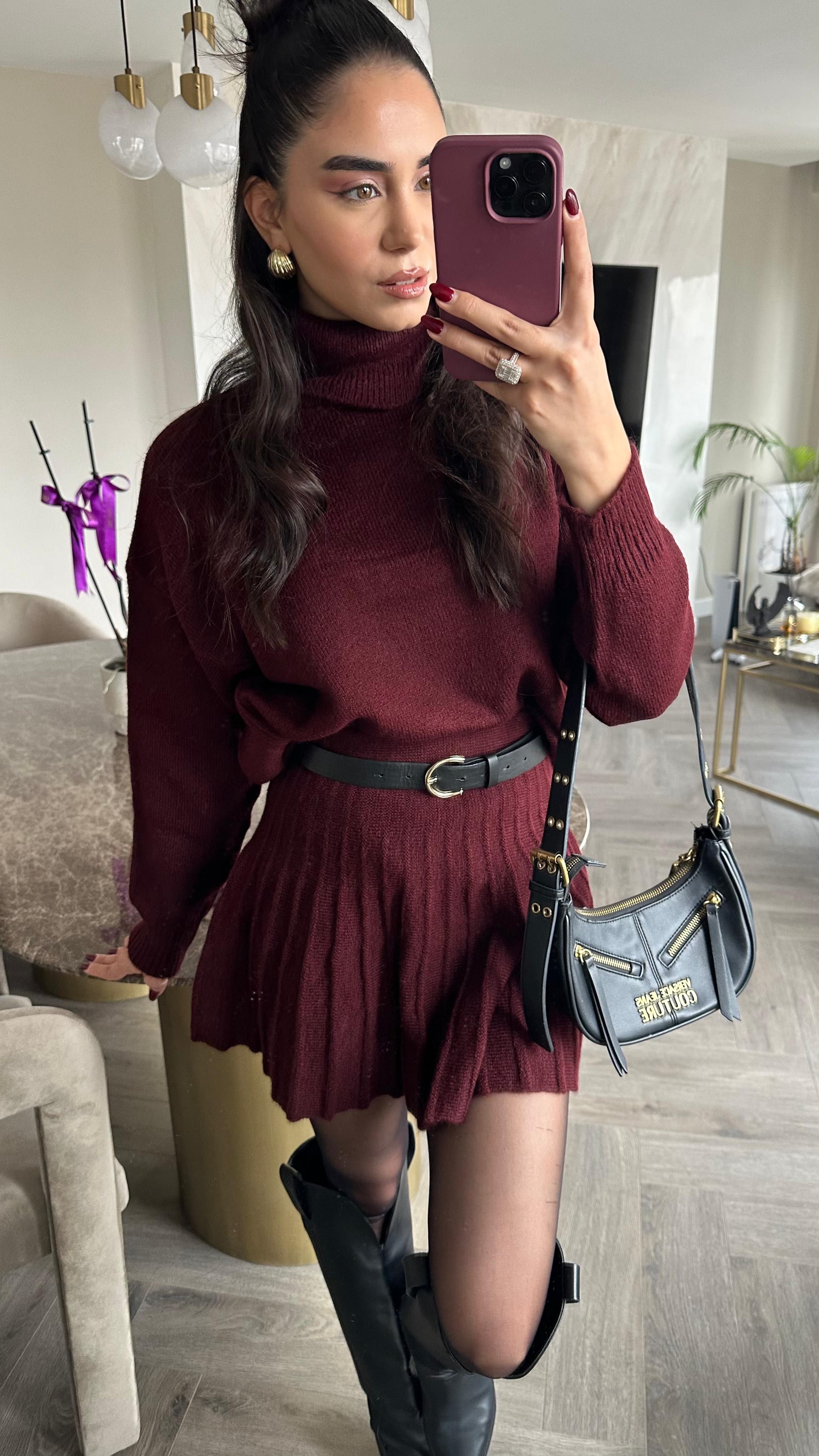 Boğazlı Kazak Fırfırlı Mini Etek Takım Bordo 