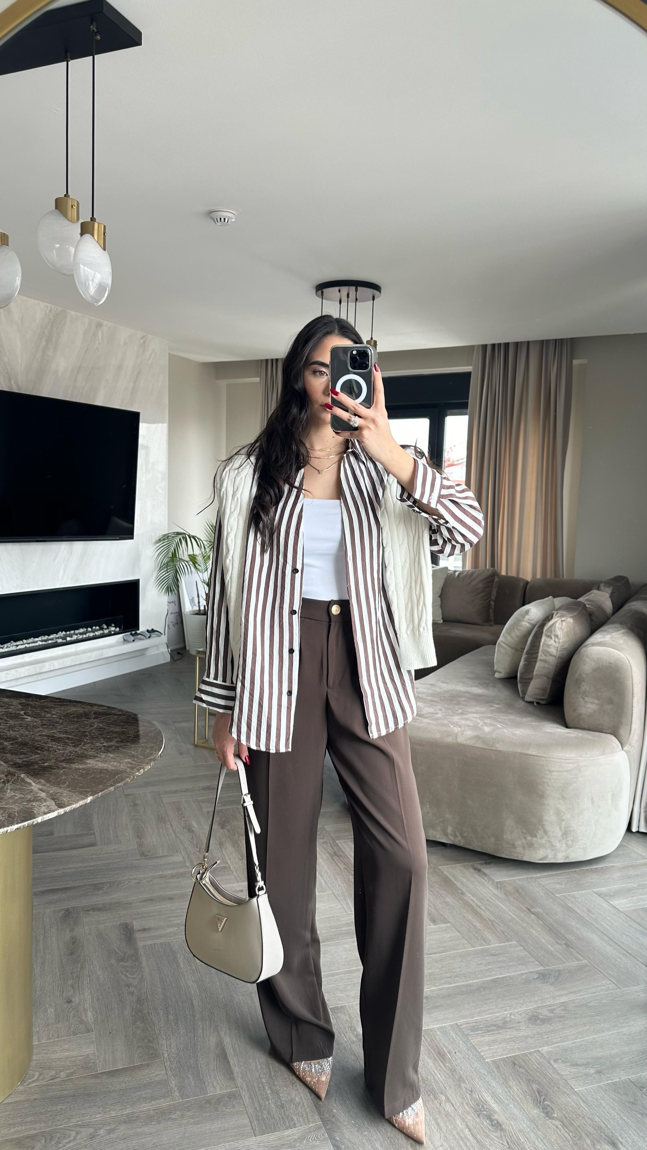 Çizgili Oversize Gömlek Kahve