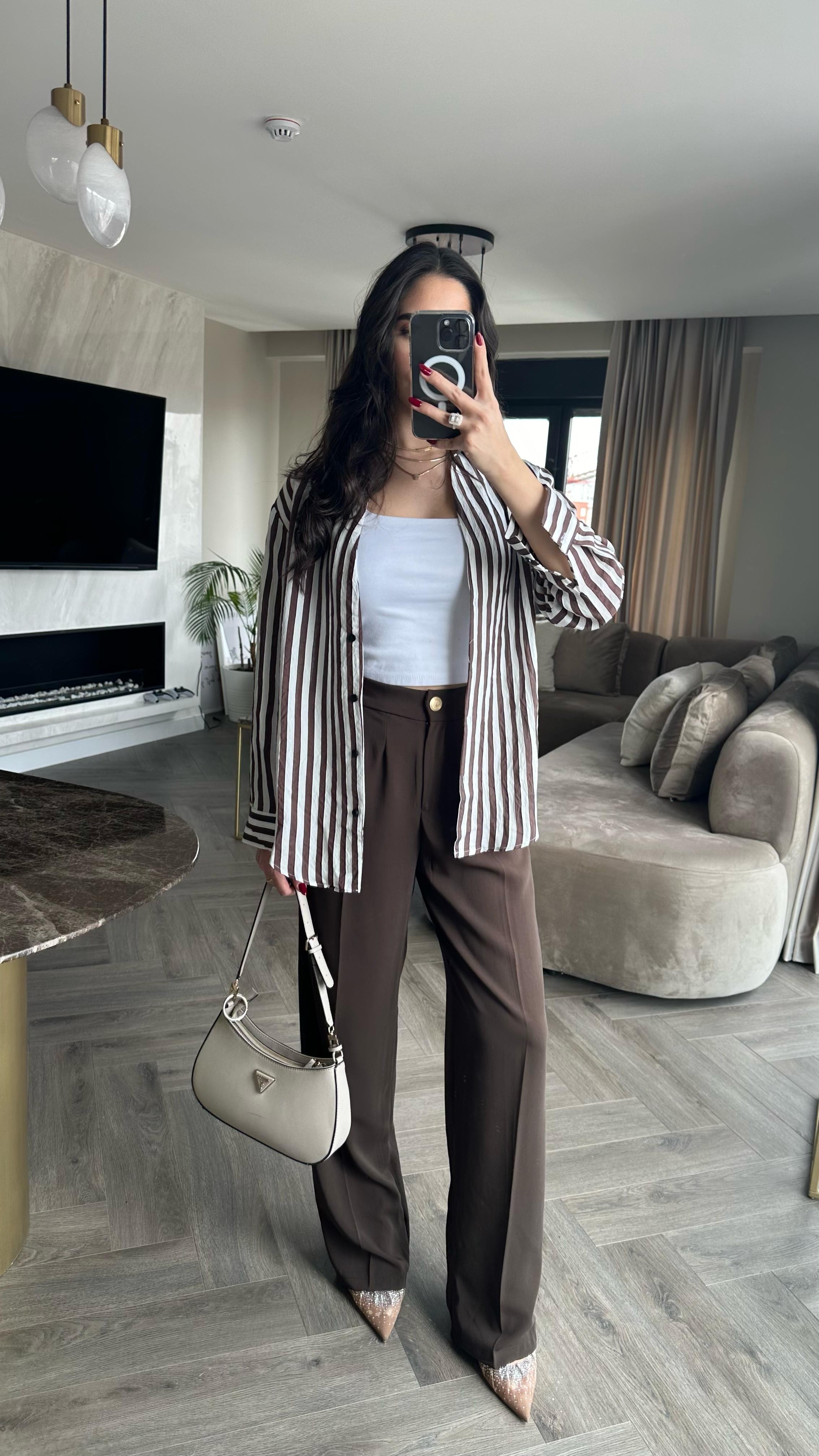 Çizgili Oversize Gömlek Kahve