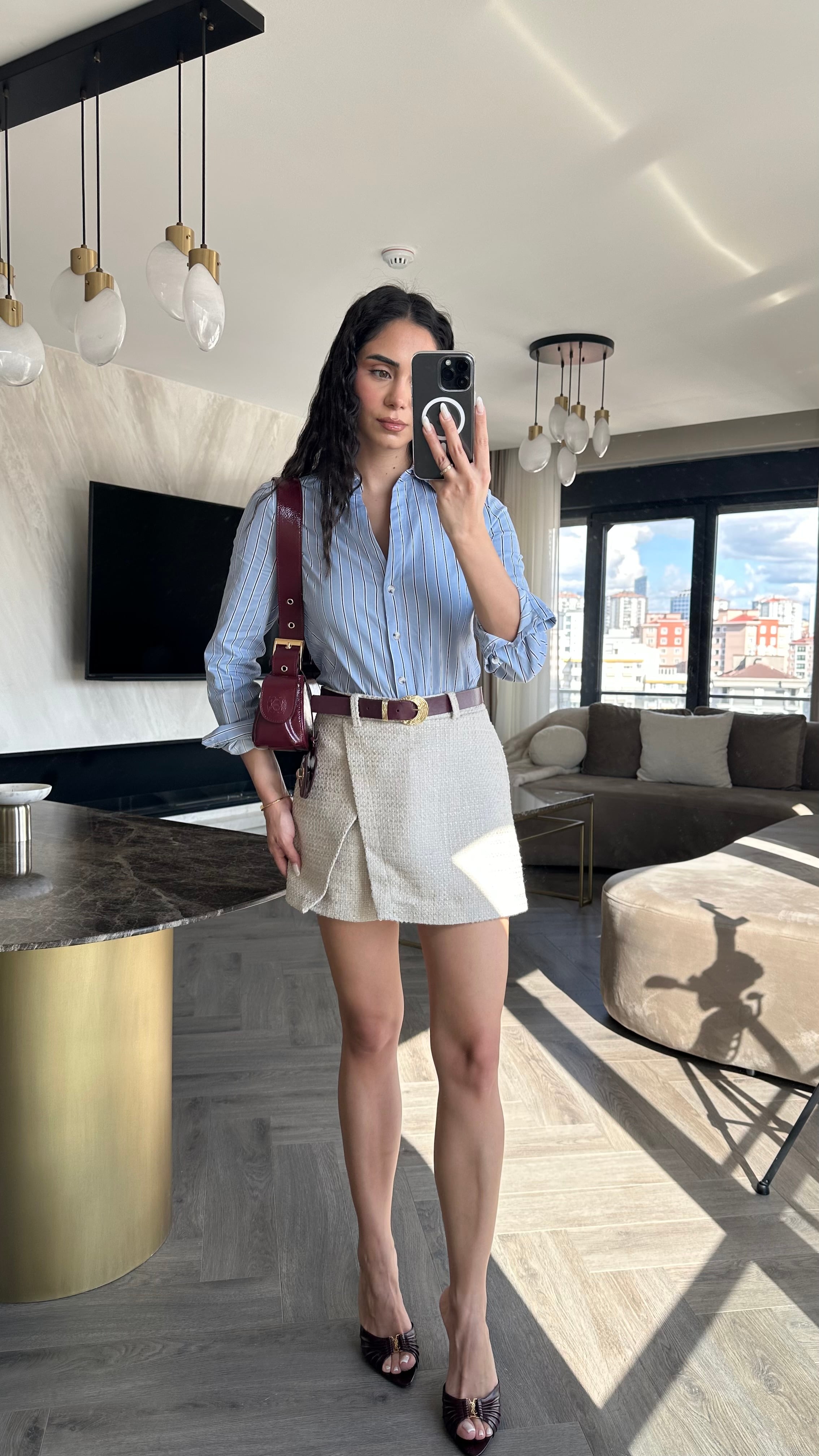 Bordo Çizgili Slim Gömlek Mavi