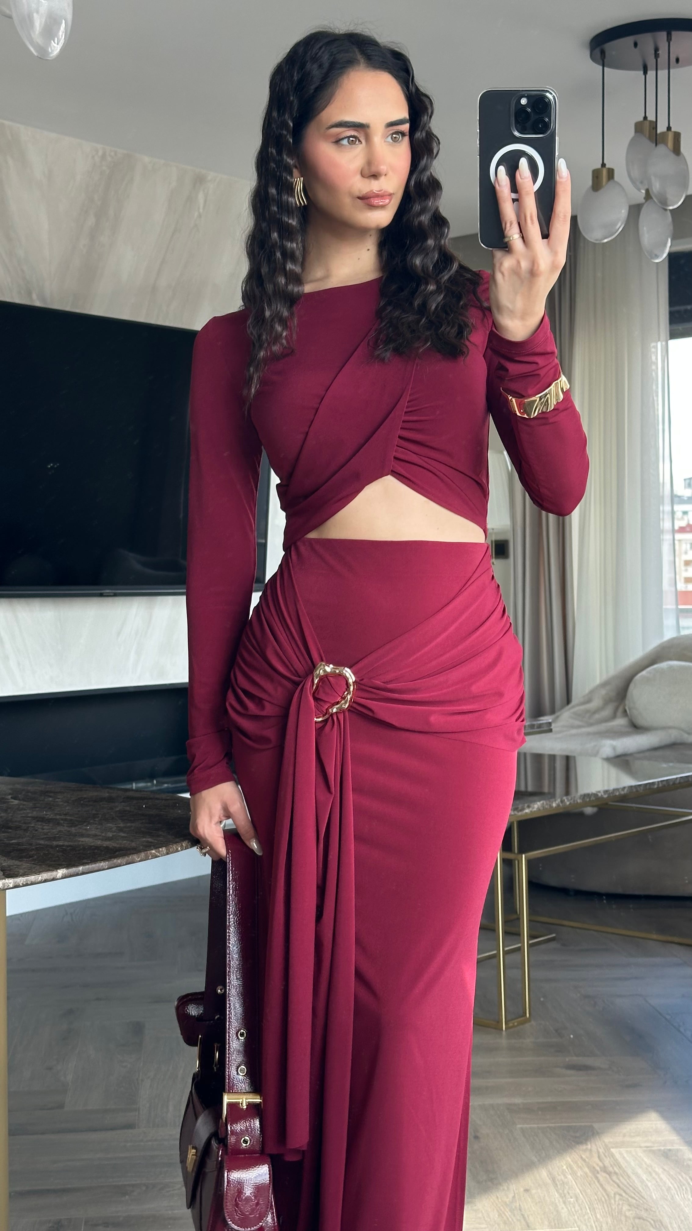 Crop Bluz Tokalı Etekli Takım Bordo