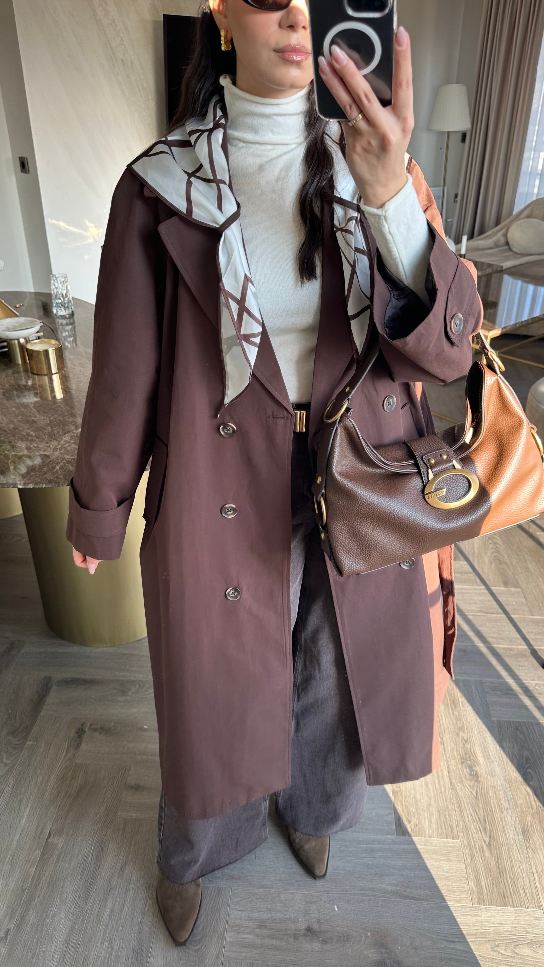 Premium Şal Detay Trençkot Acı Kahve