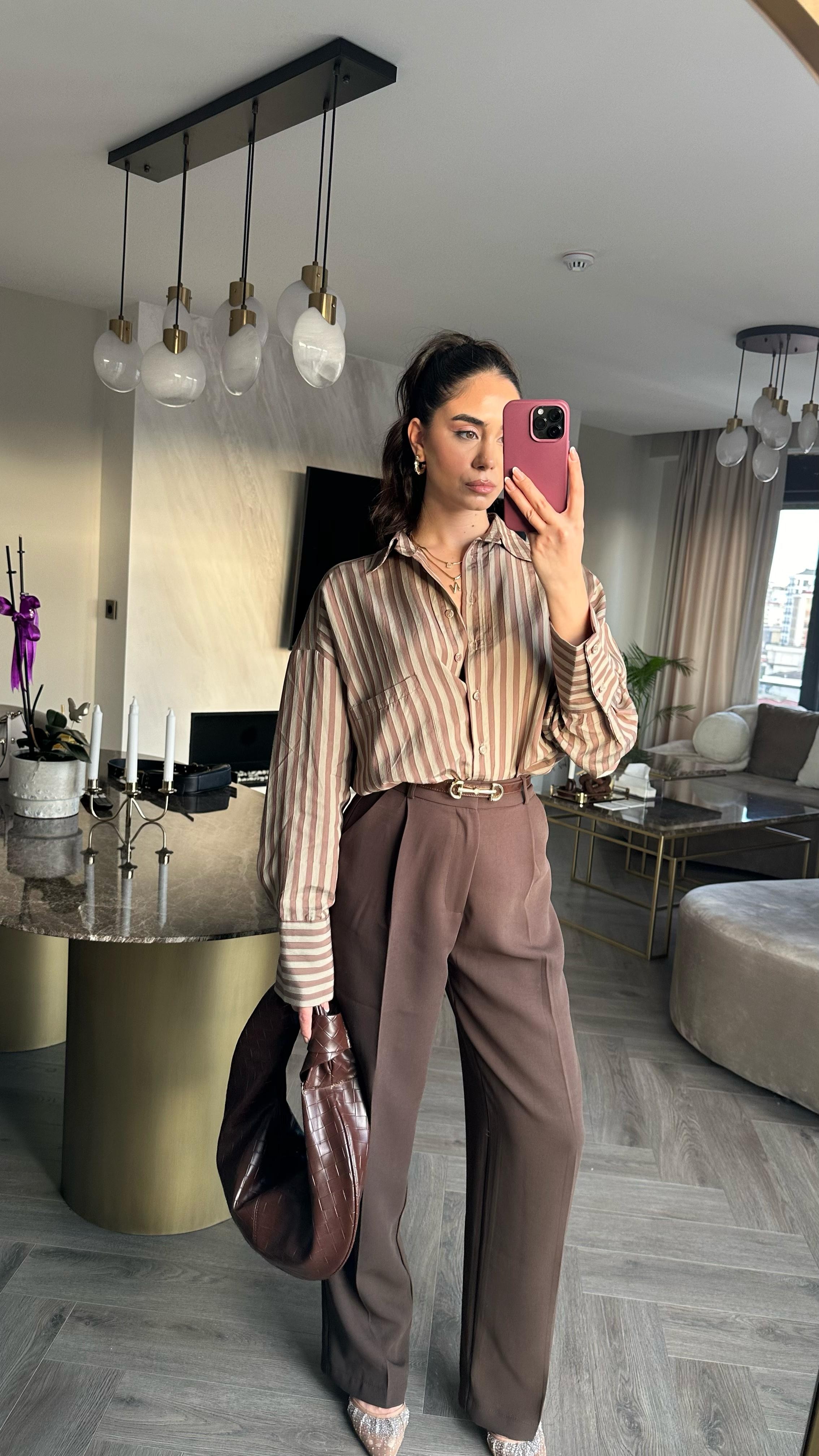 Çizgili İki Renk Oversize Gömlek 
