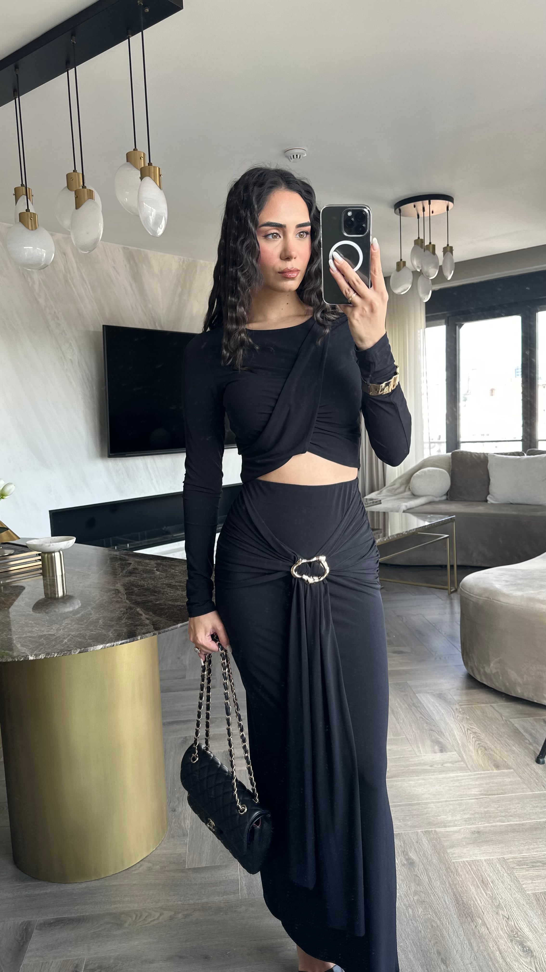 Crop Bluz Tokalı Etekli Takım Siyah