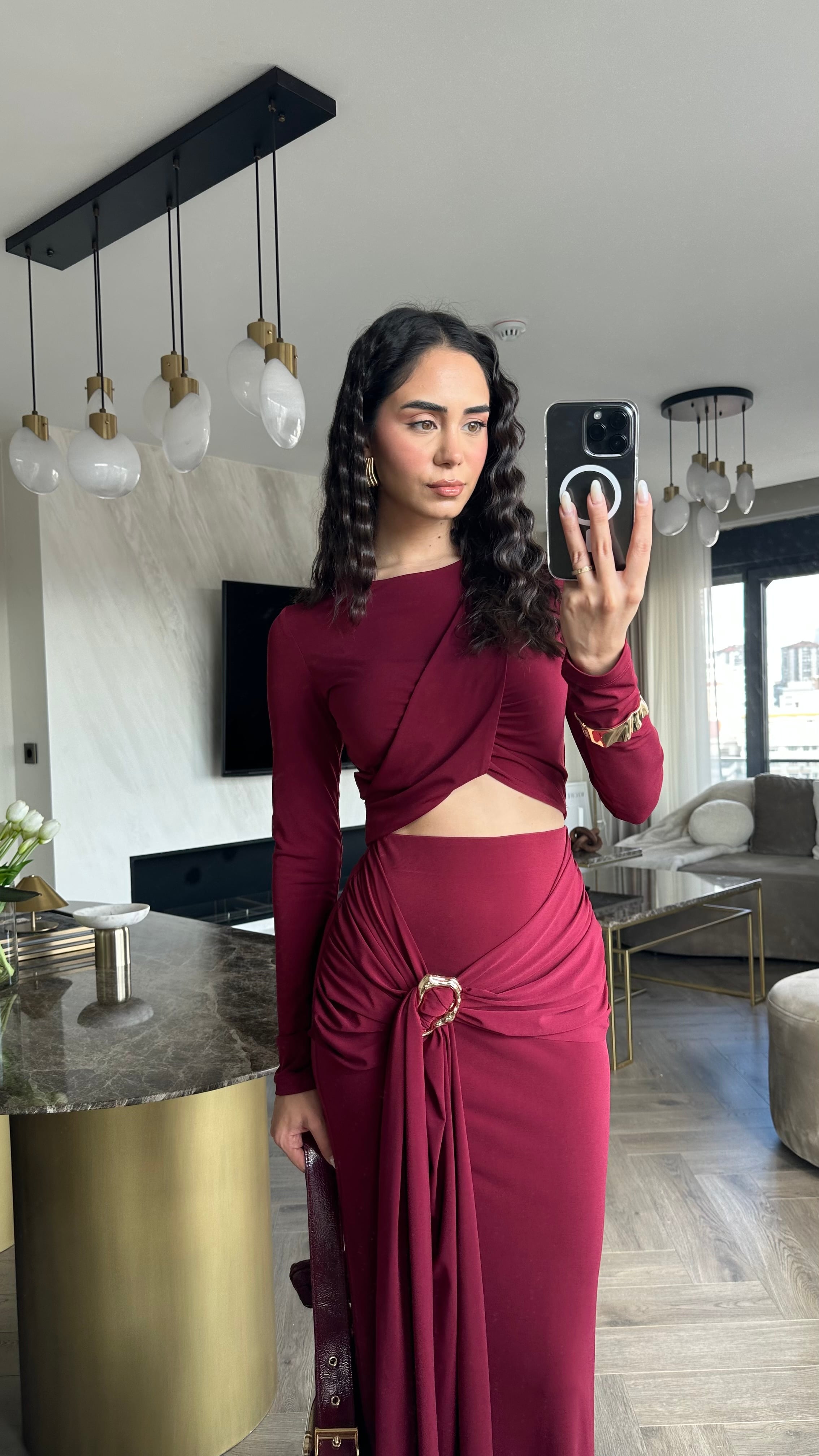 Crop Bluz Tokalı Etekli Takım Bordo