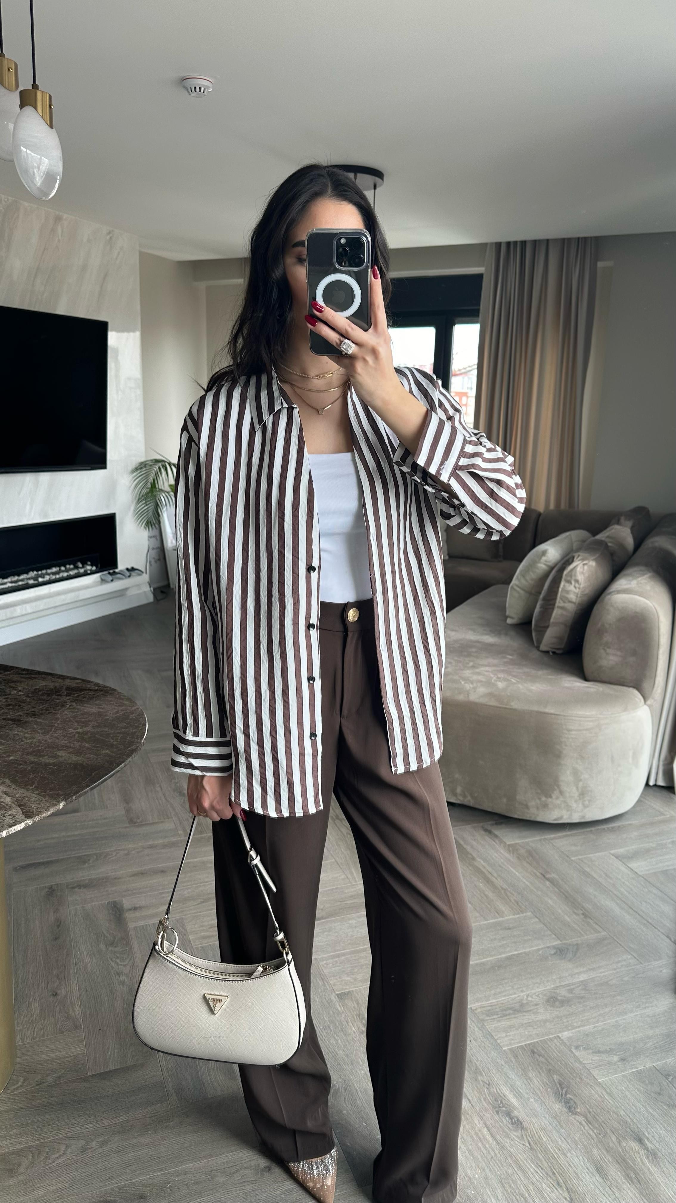 Çizgili Oversize Gömlek Kahve
