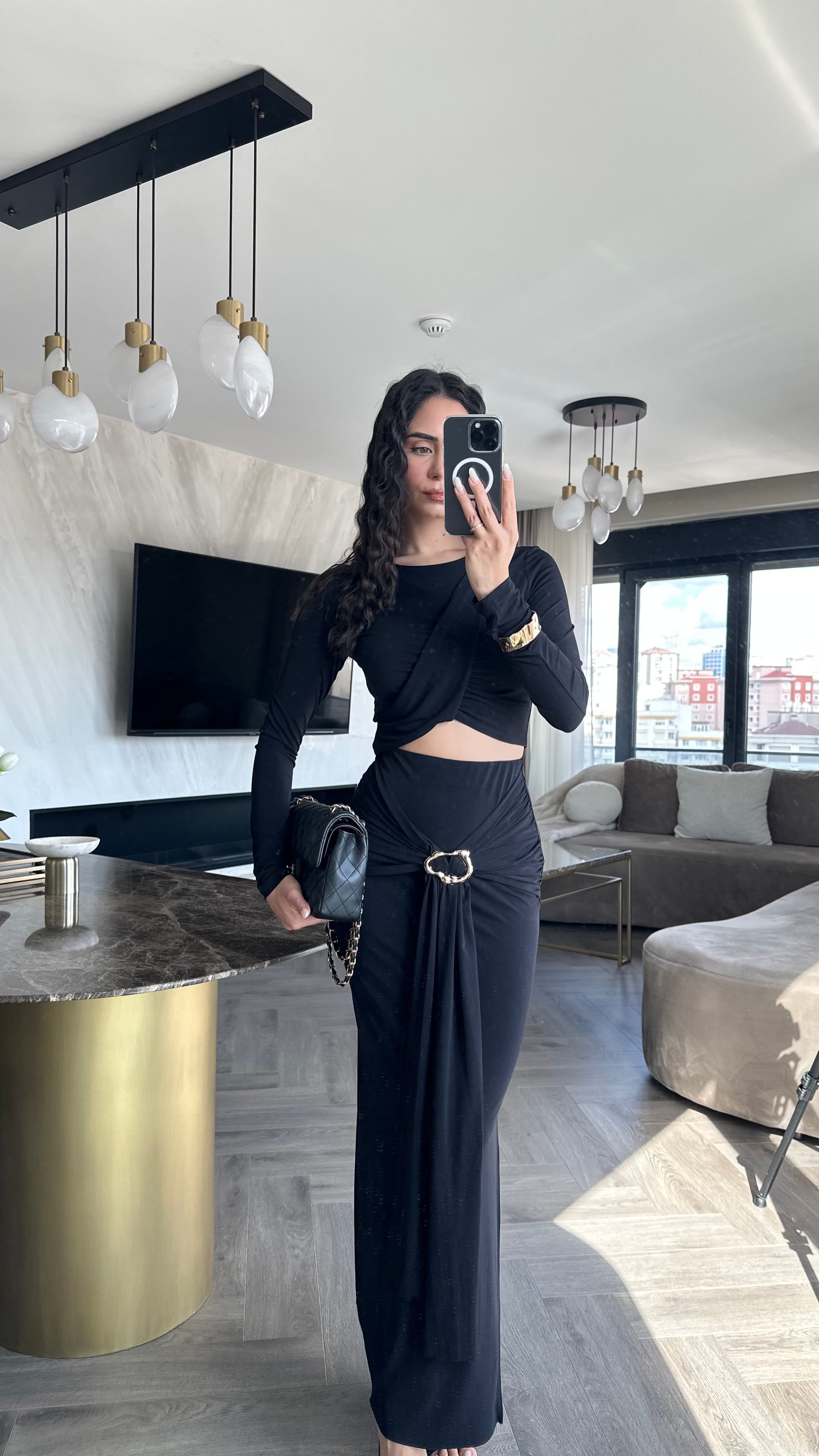 Crop Bluz Tokalı Etekli Takım Siyah