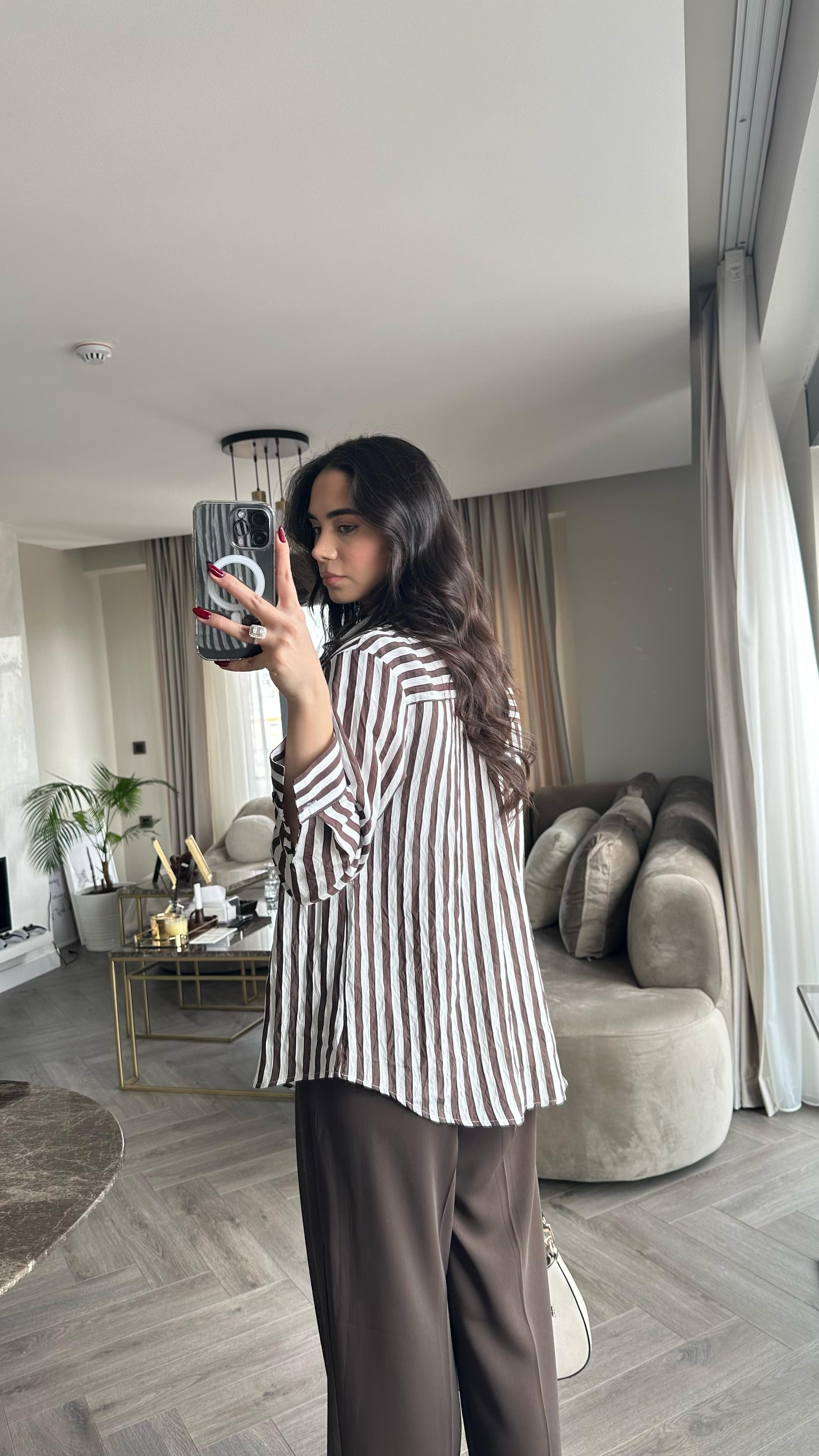 Çizgili Oversize Gömlek Kahve