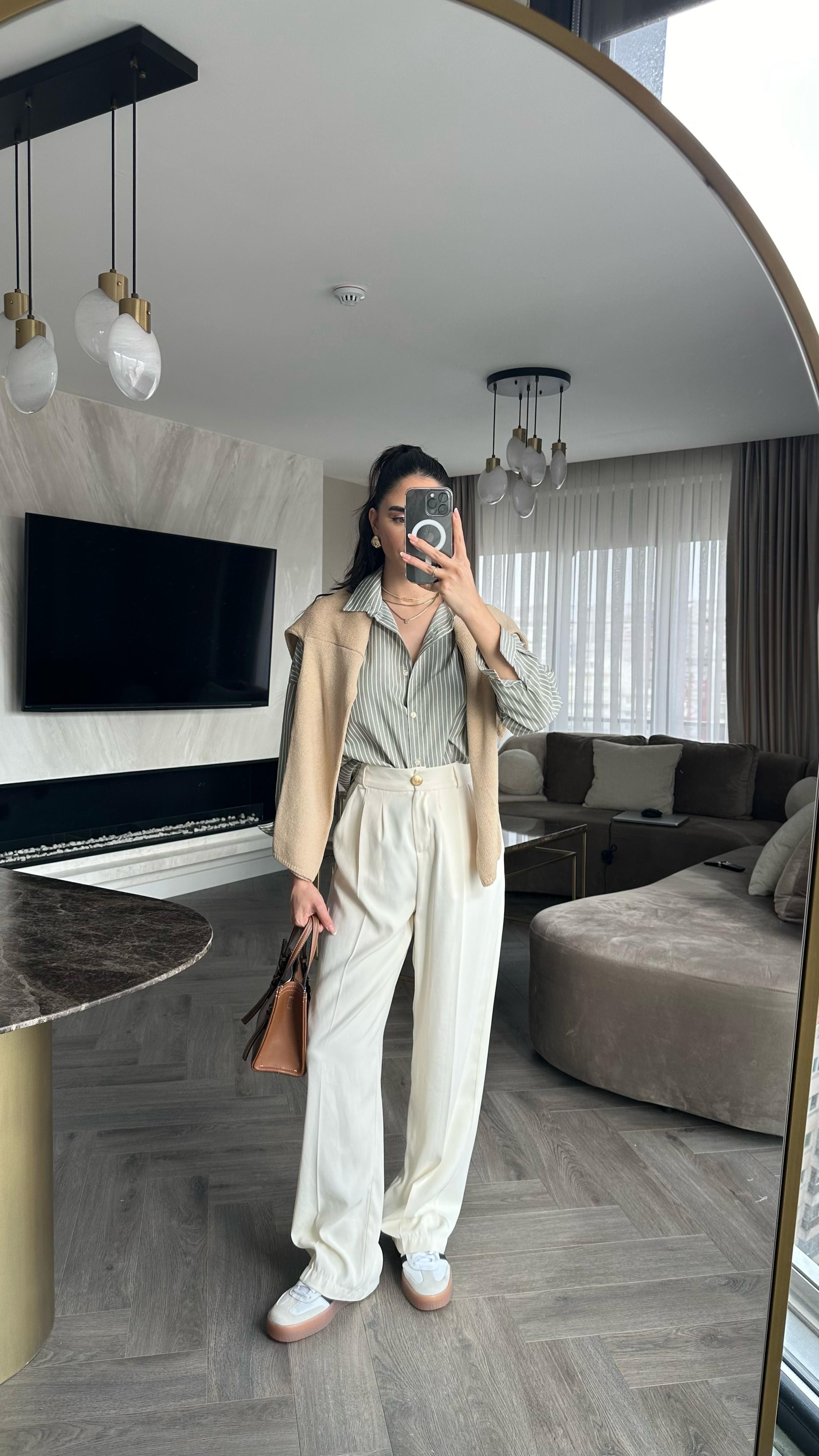 Çizgili Oversize Gömlek Yeşil 
