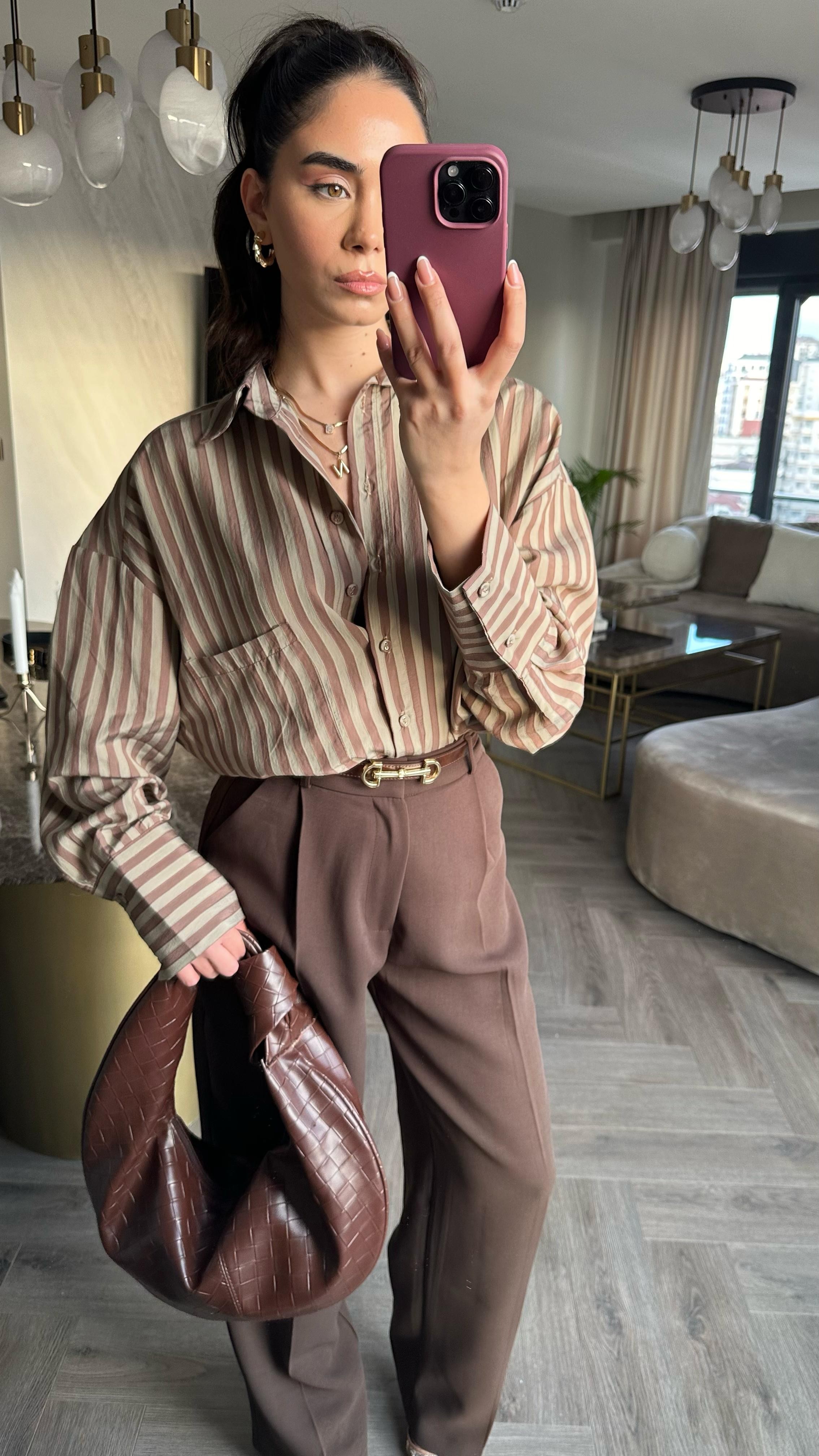 Çizgili İki Renk Oversize Gömlek 