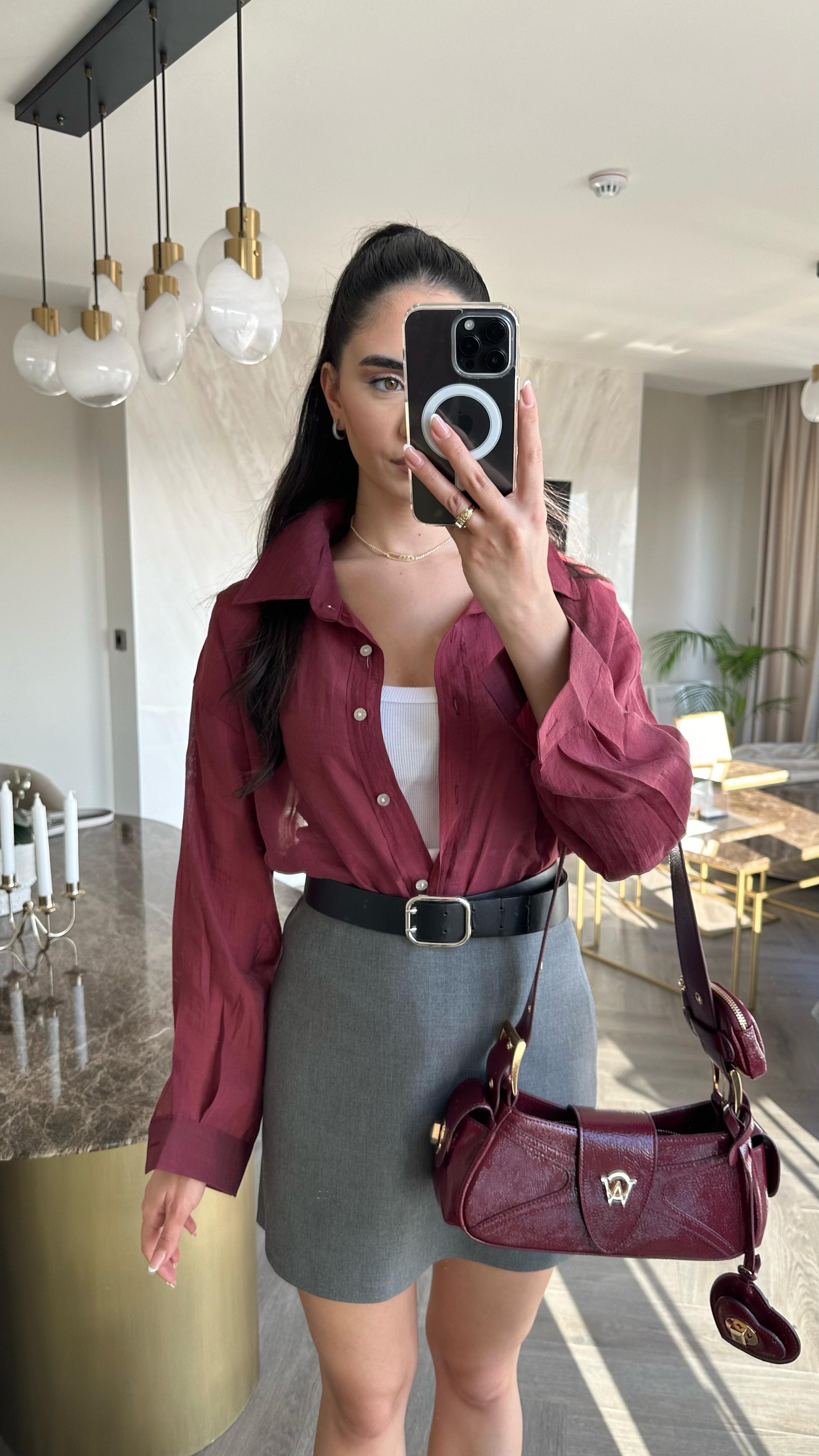 İpeksi Transparan Oversize Gömlek Bordo