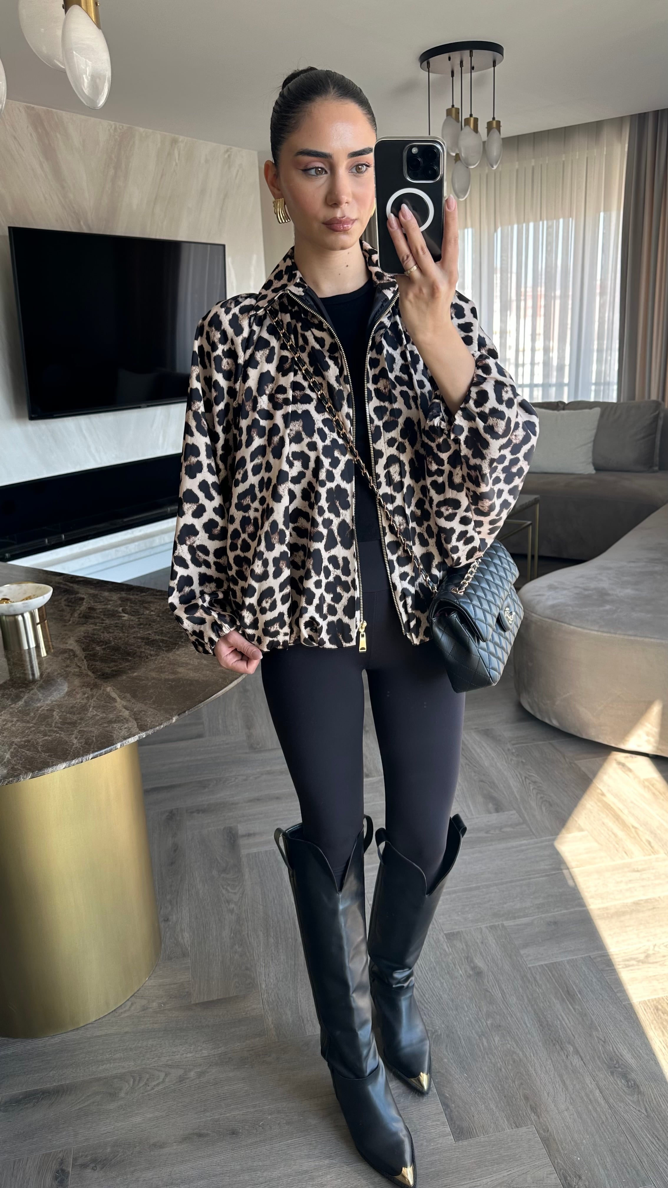 Saten Bomber Ceket Leopar