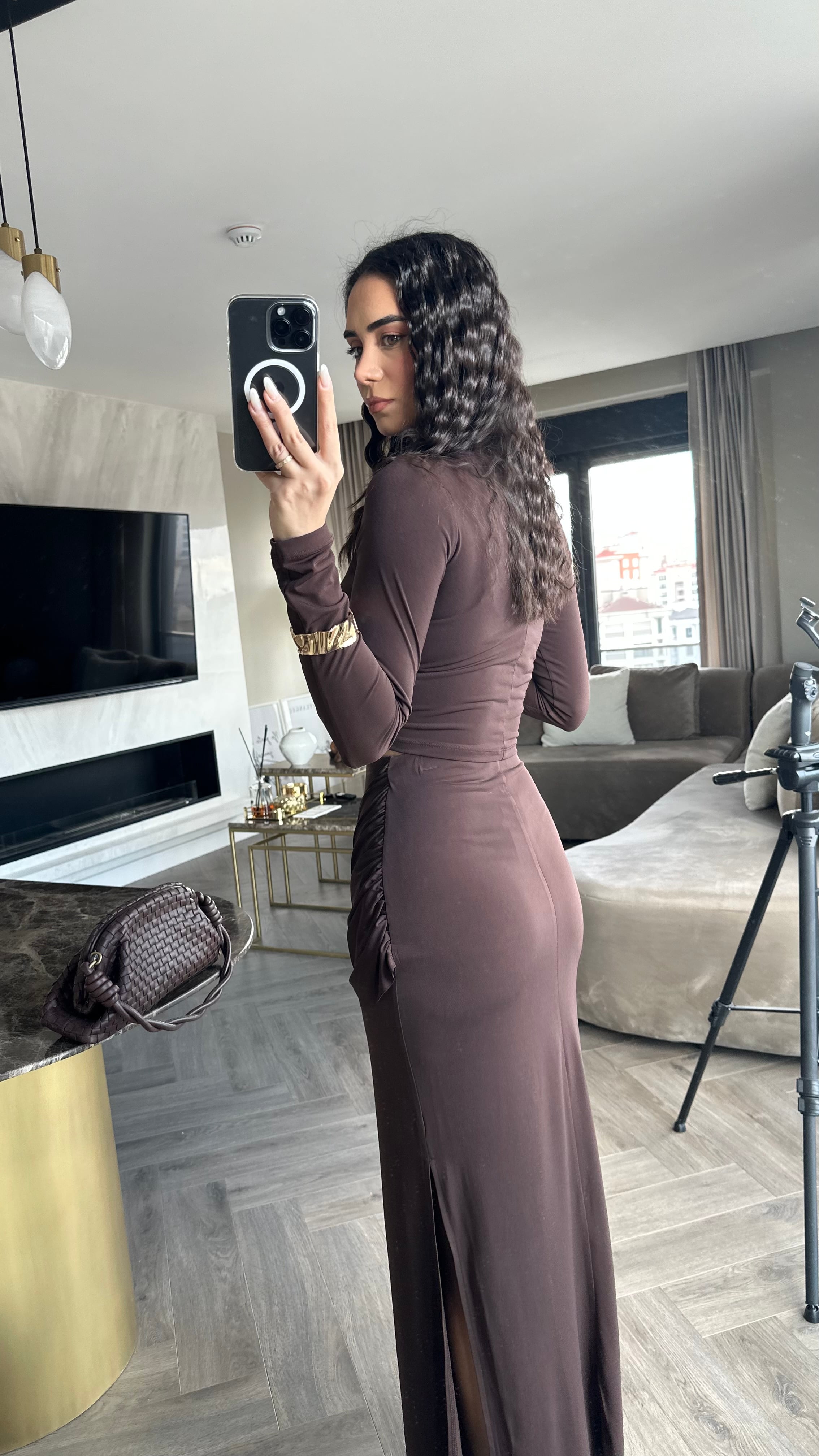 Crop Bluz Tokalı Etek Takım Kahve