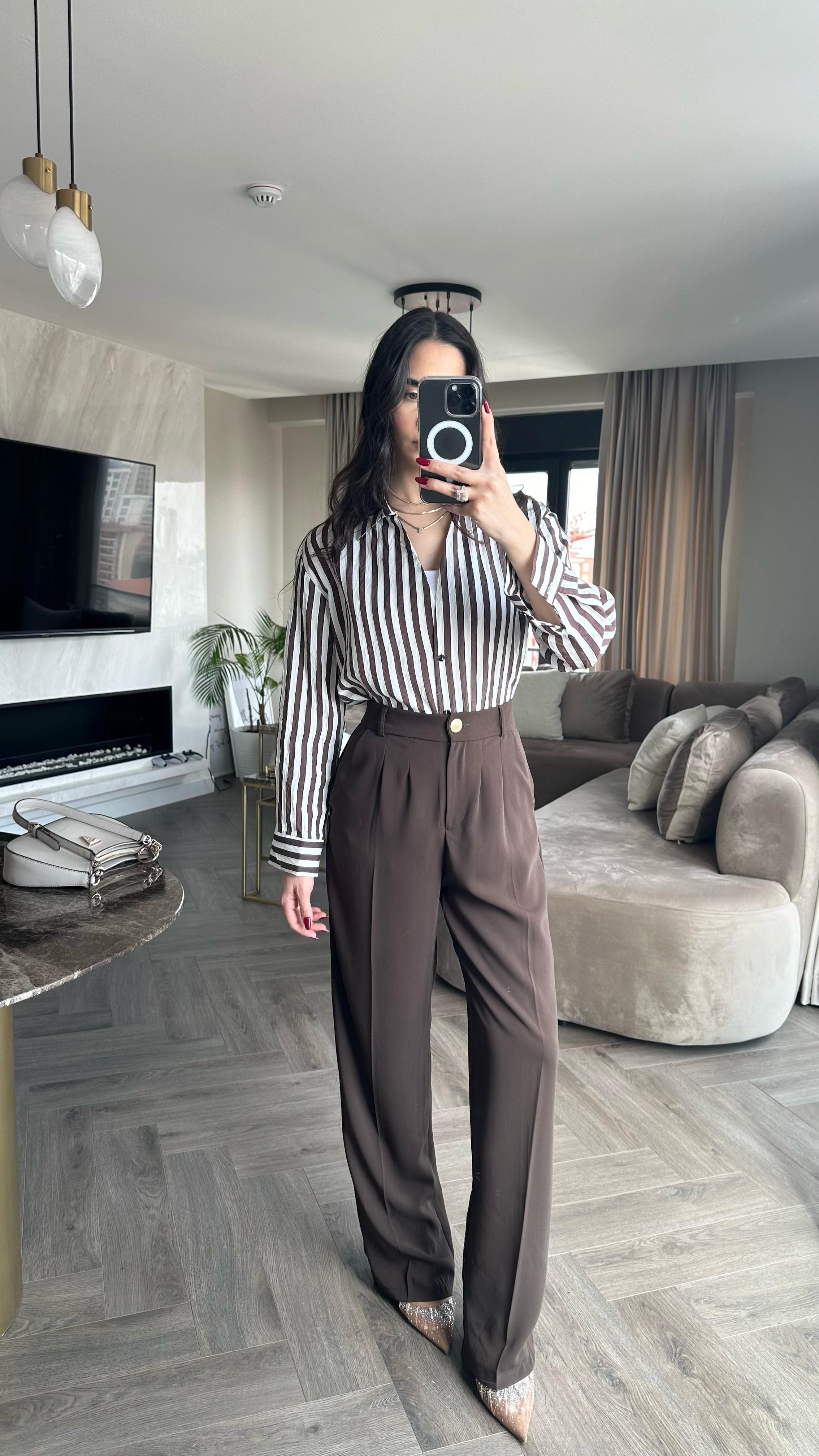 Çizgili Oversize Gömlek Kahve