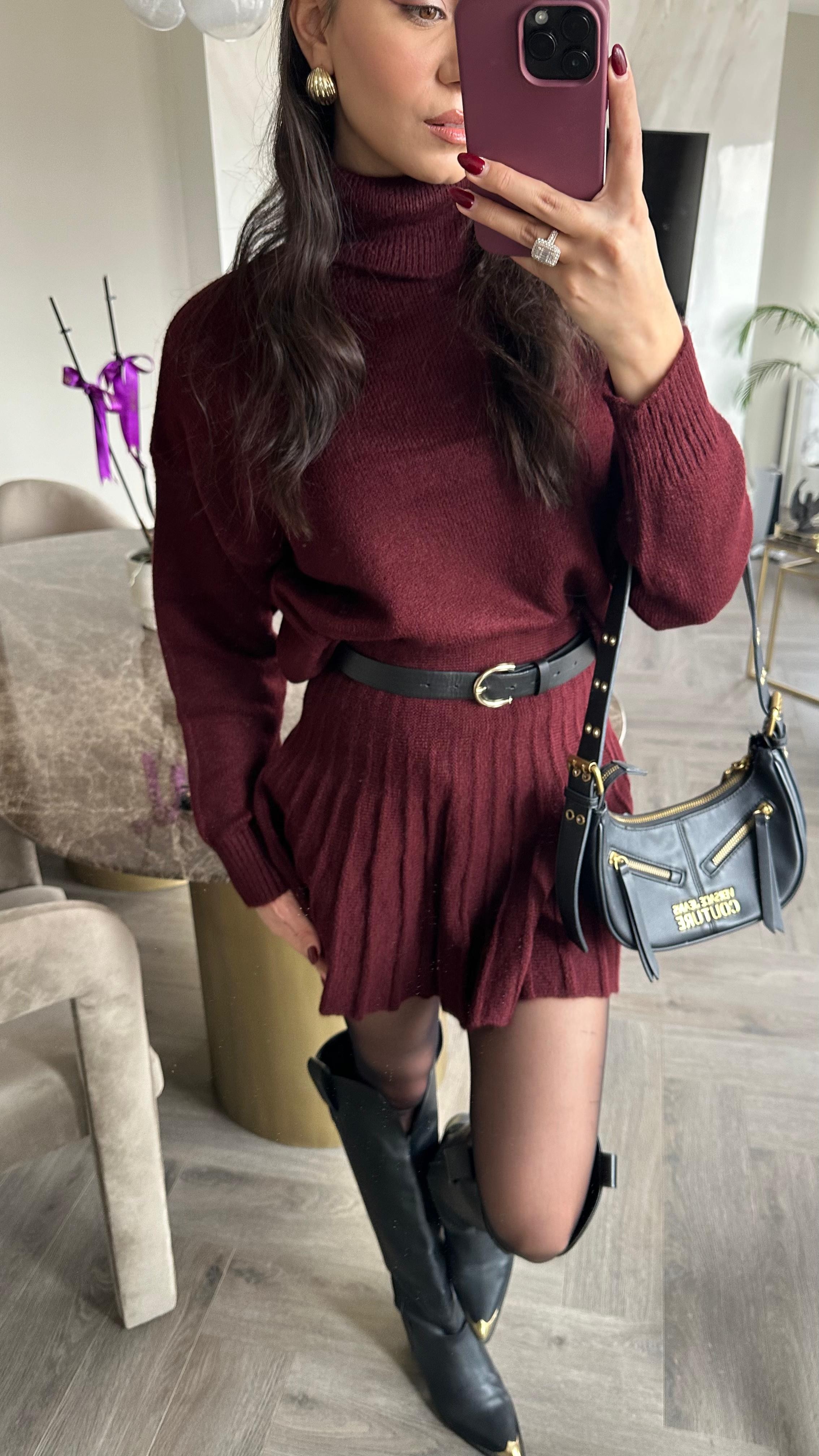 Boğazlı Kazak Fırfırlı Mini Etek Takım Bordo 