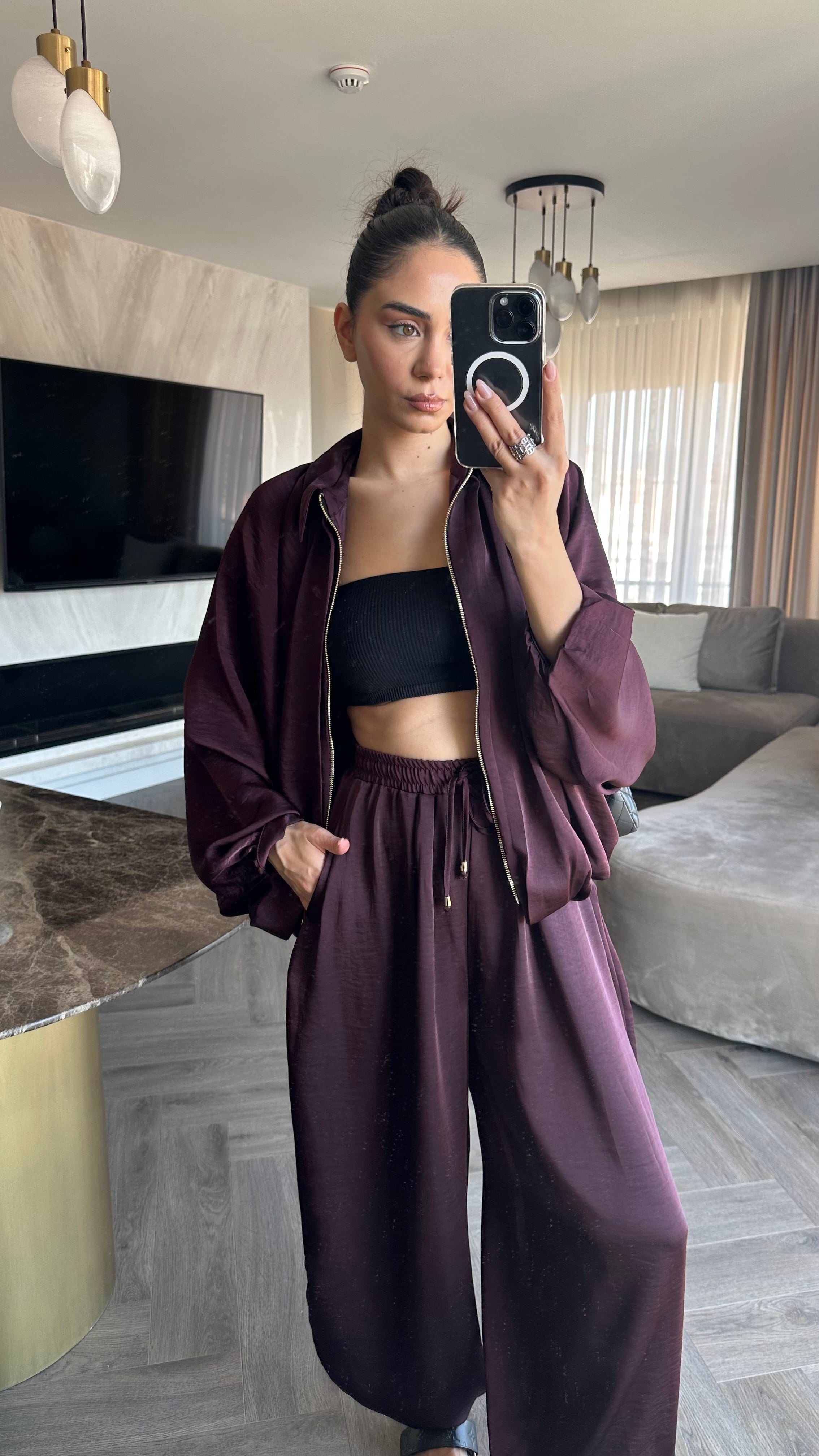 Saten Bomber Ceket Salvar Takım Bordo