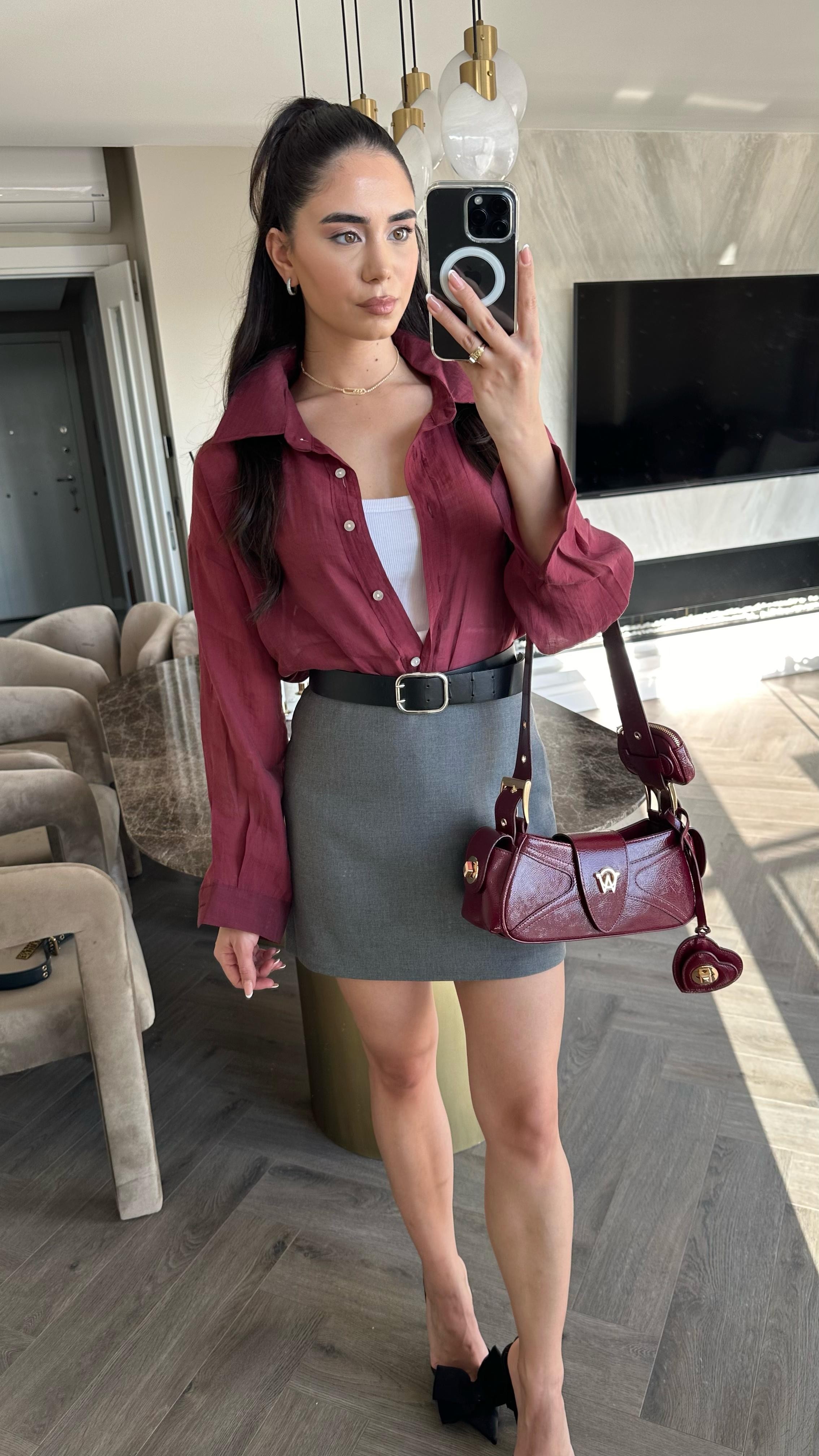 İpeksi Transparan Oversize Gömlek Bordo