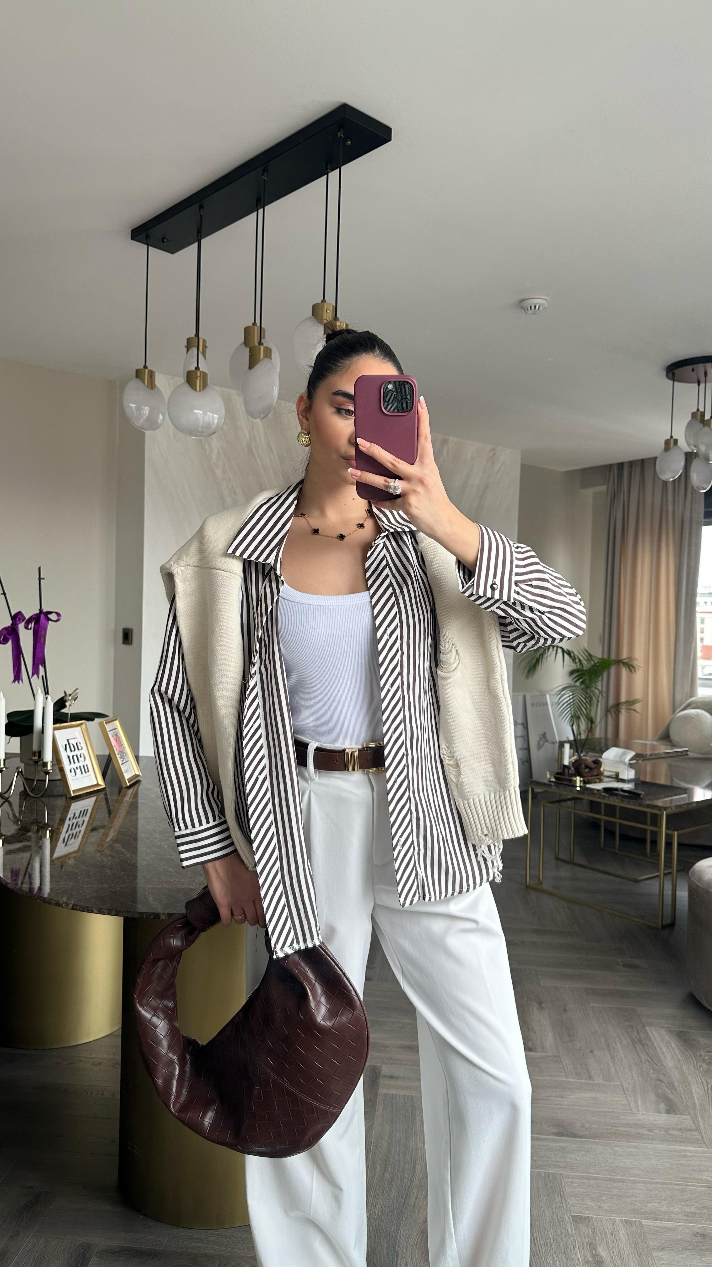 Çizgili Oversize Gömlek Kahve 