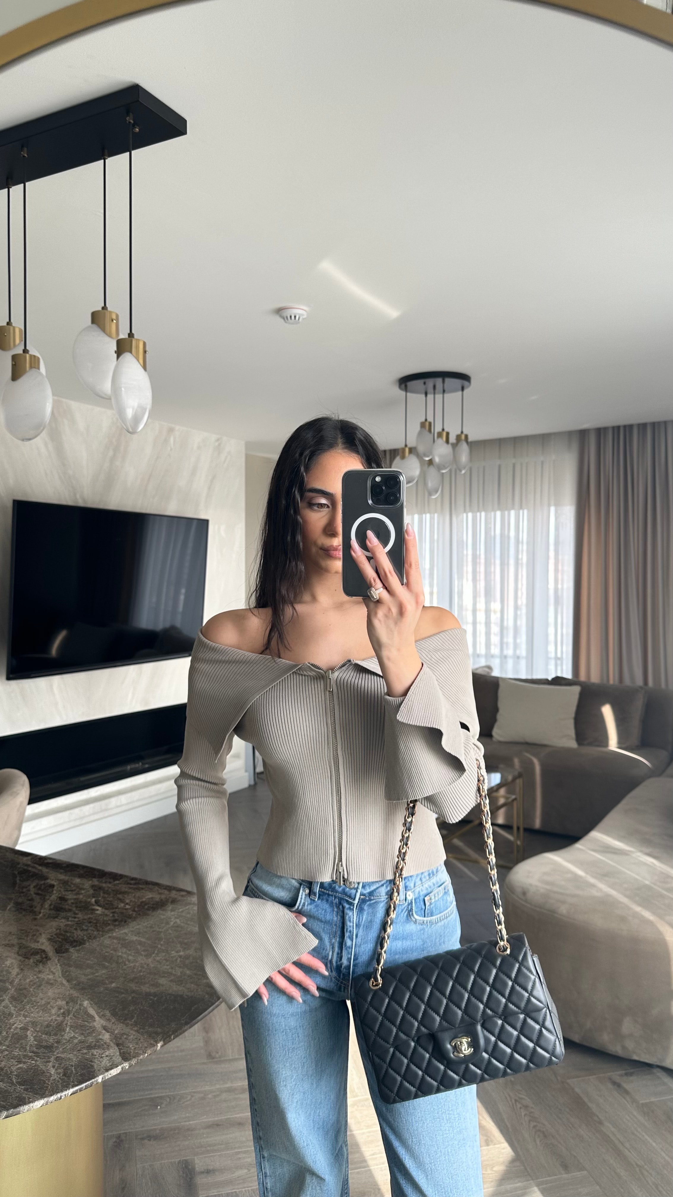 Bardot Yaka Kol Yırtmaç Detaylı Fermuarlı Triko  - Vizon