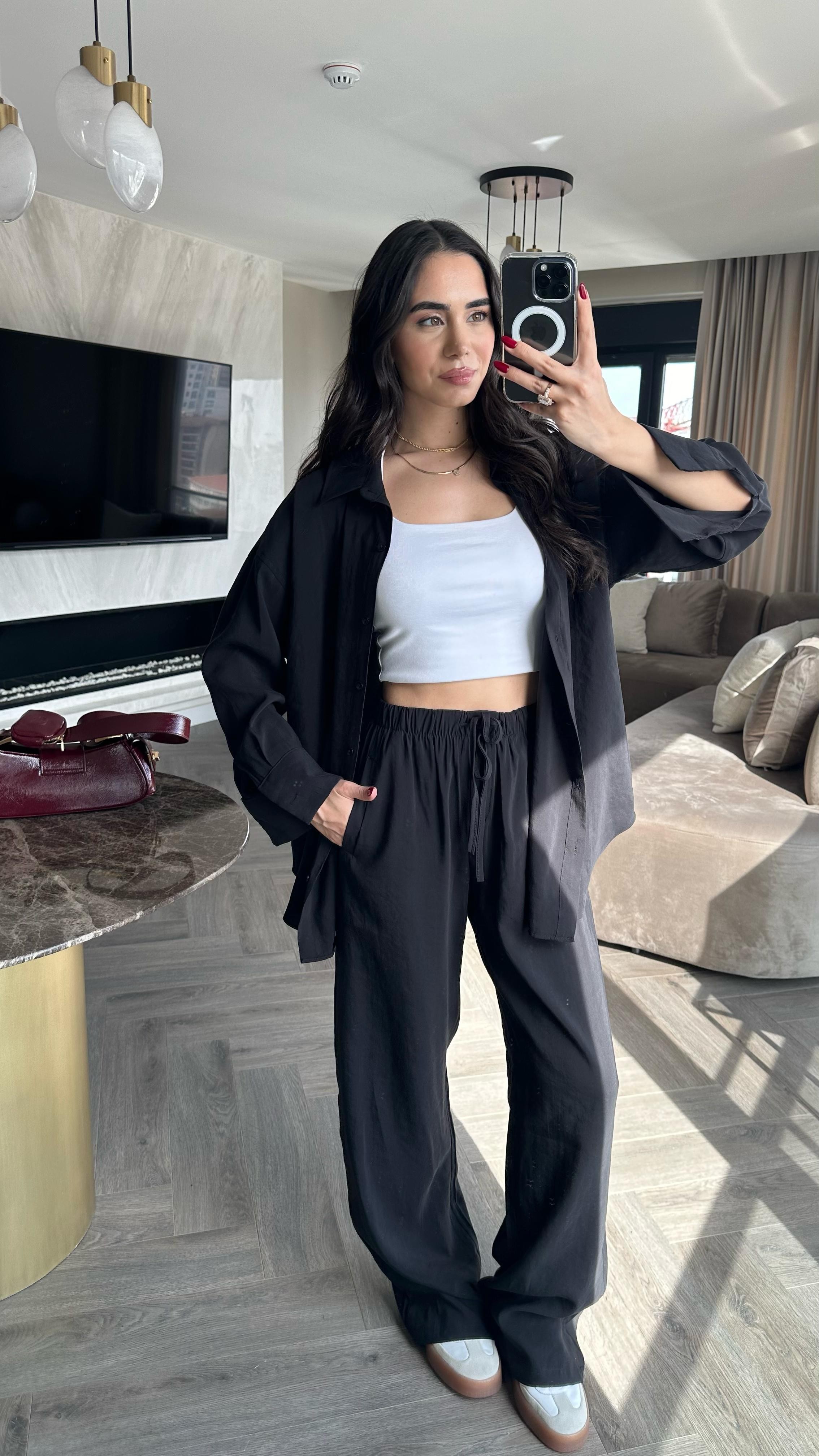 Tencel Kumaş Gömlek Takım Siyah