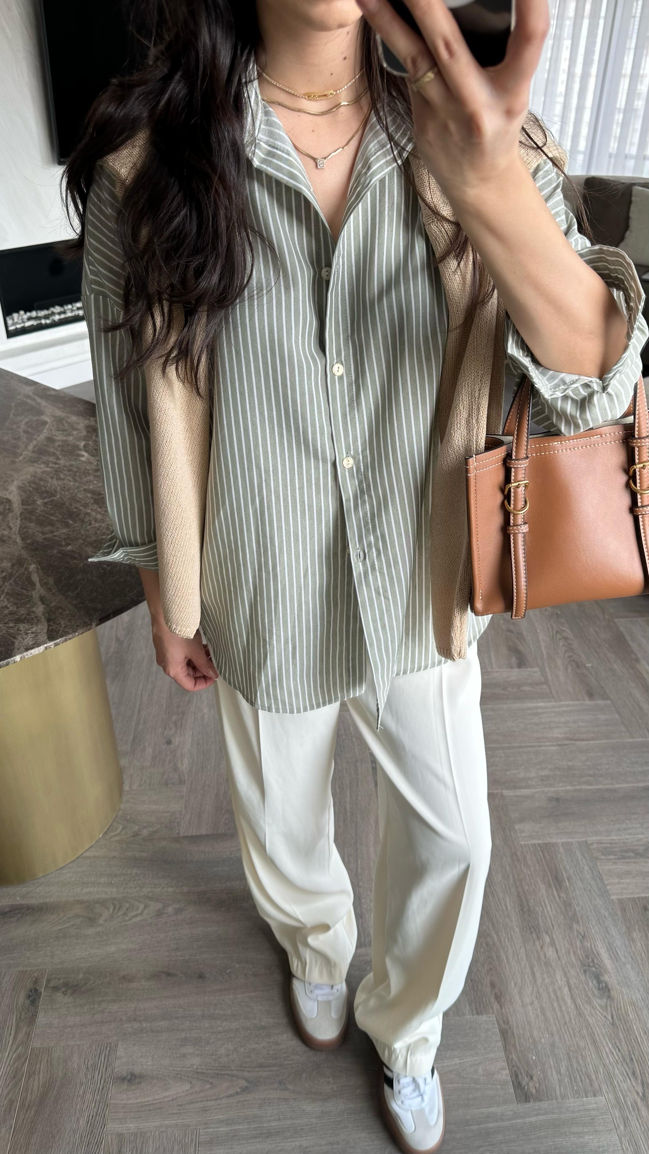 Çizgili Oversize Gömlek Yeşil 