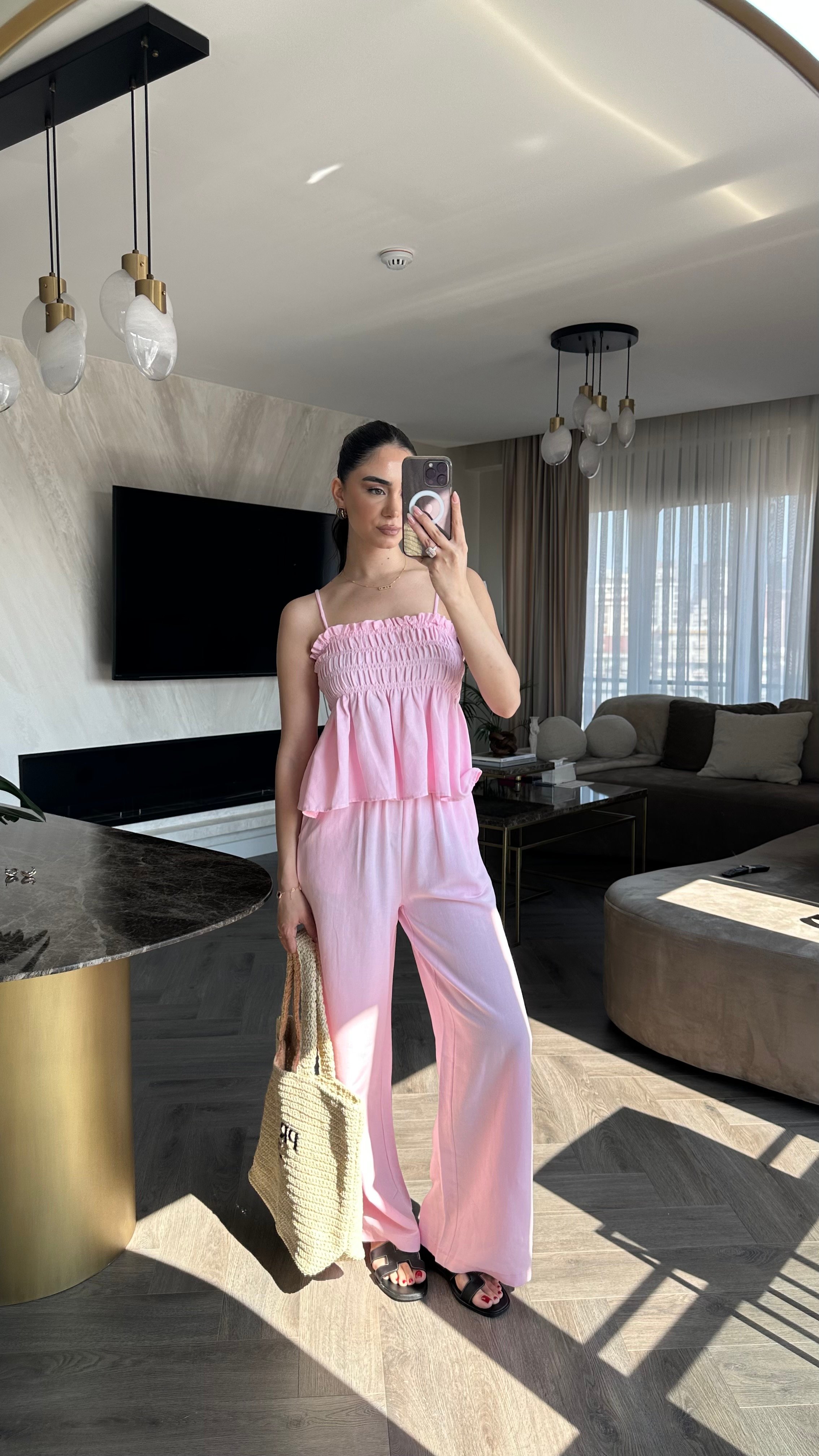 Keten Kumaş Büzgülü İp Askılı Takım Pembe