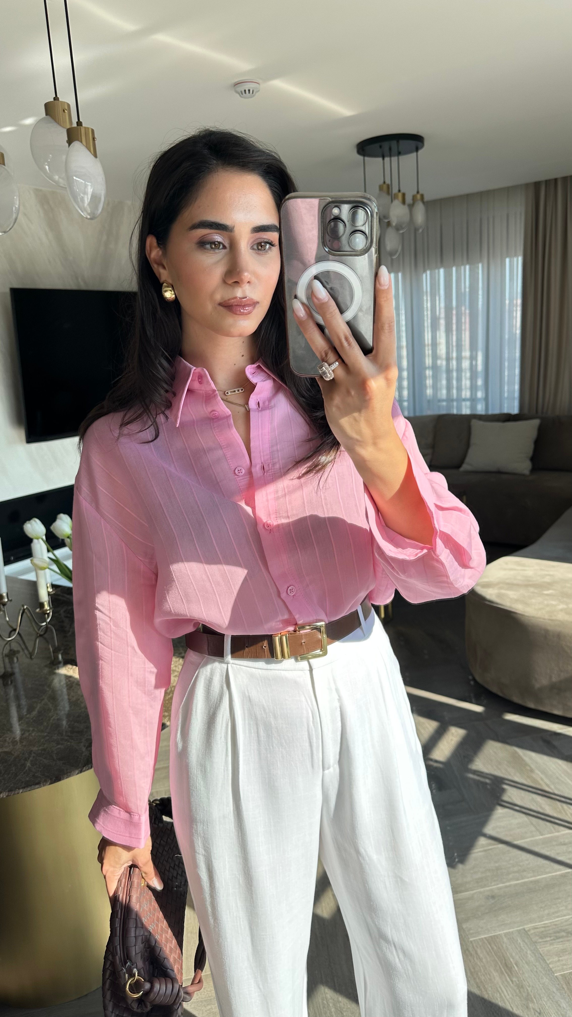 Transparan Çizgili Gömlek Pembe