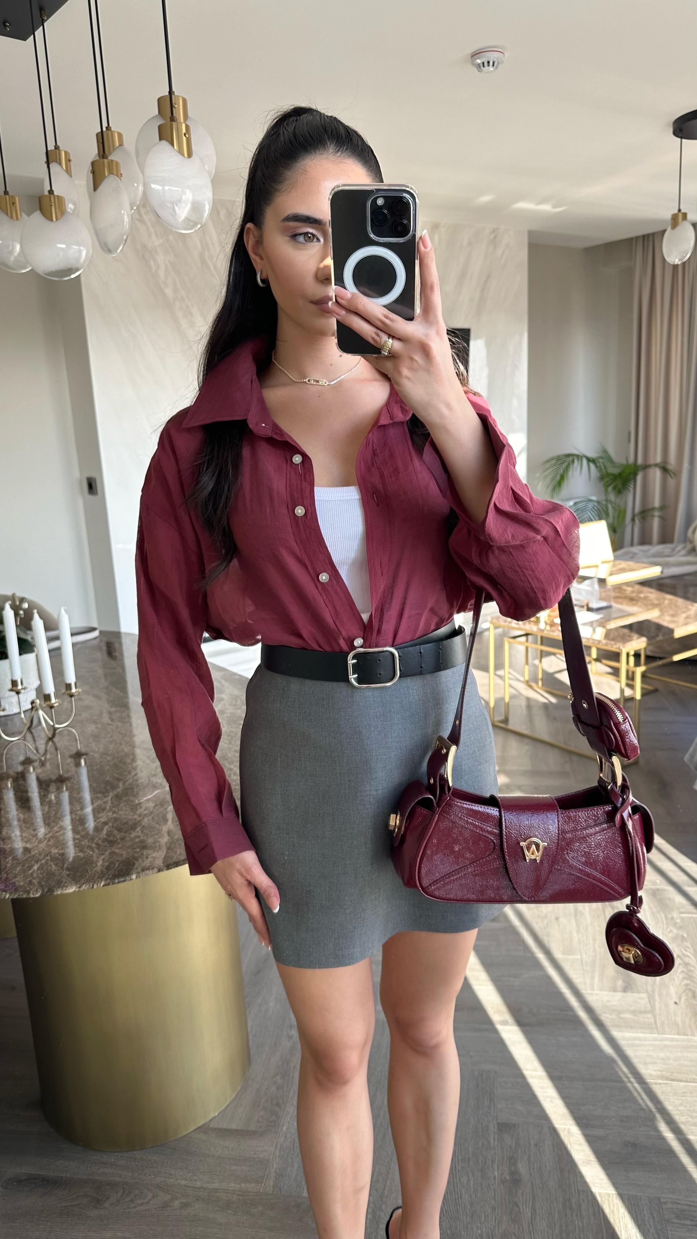 İpeksi Transparan Oversize Gömlek Bordo