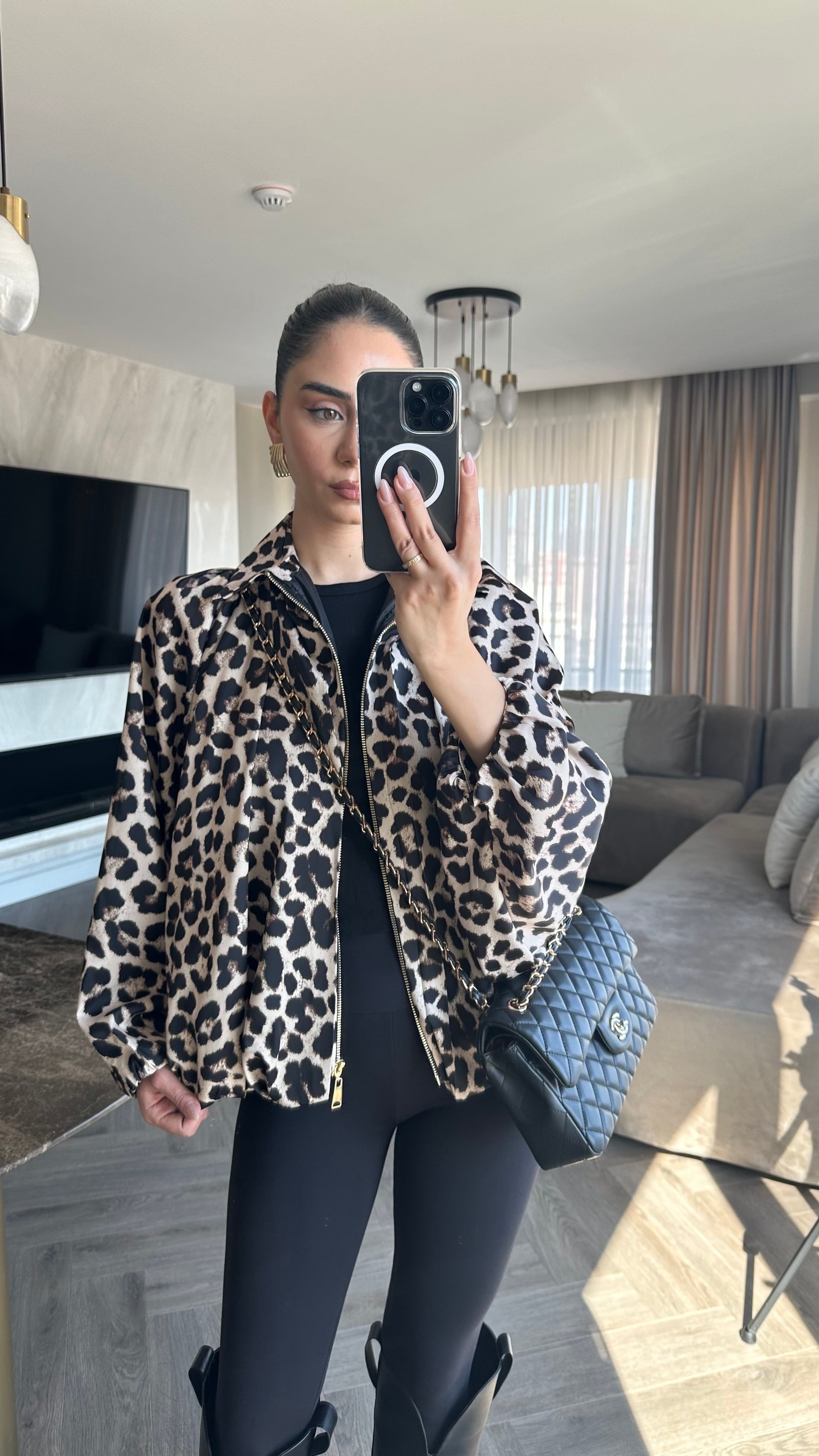 Saten Bomber Ceket Leopar